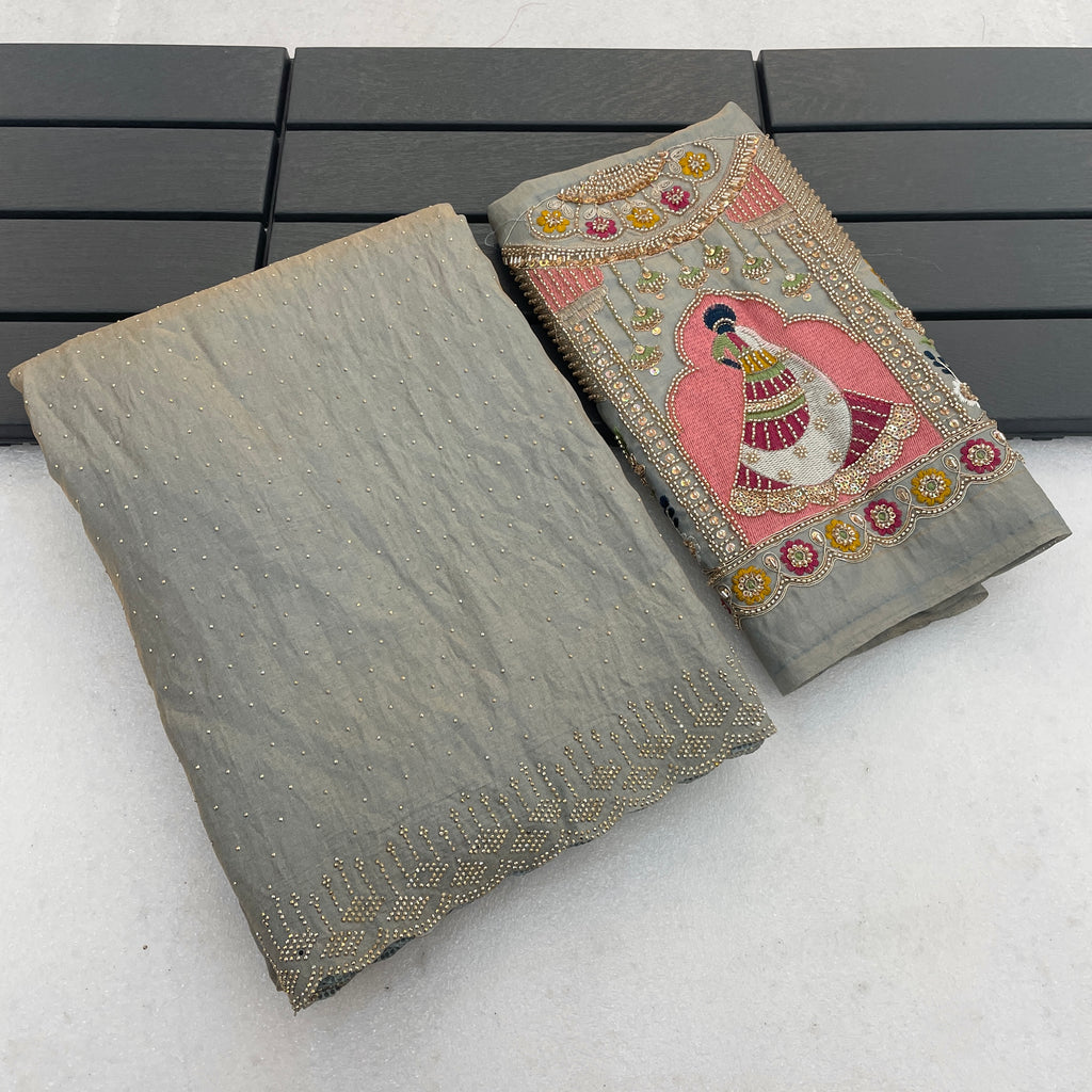 SUDHA Satin Embellished Embroidered Saree - Grey