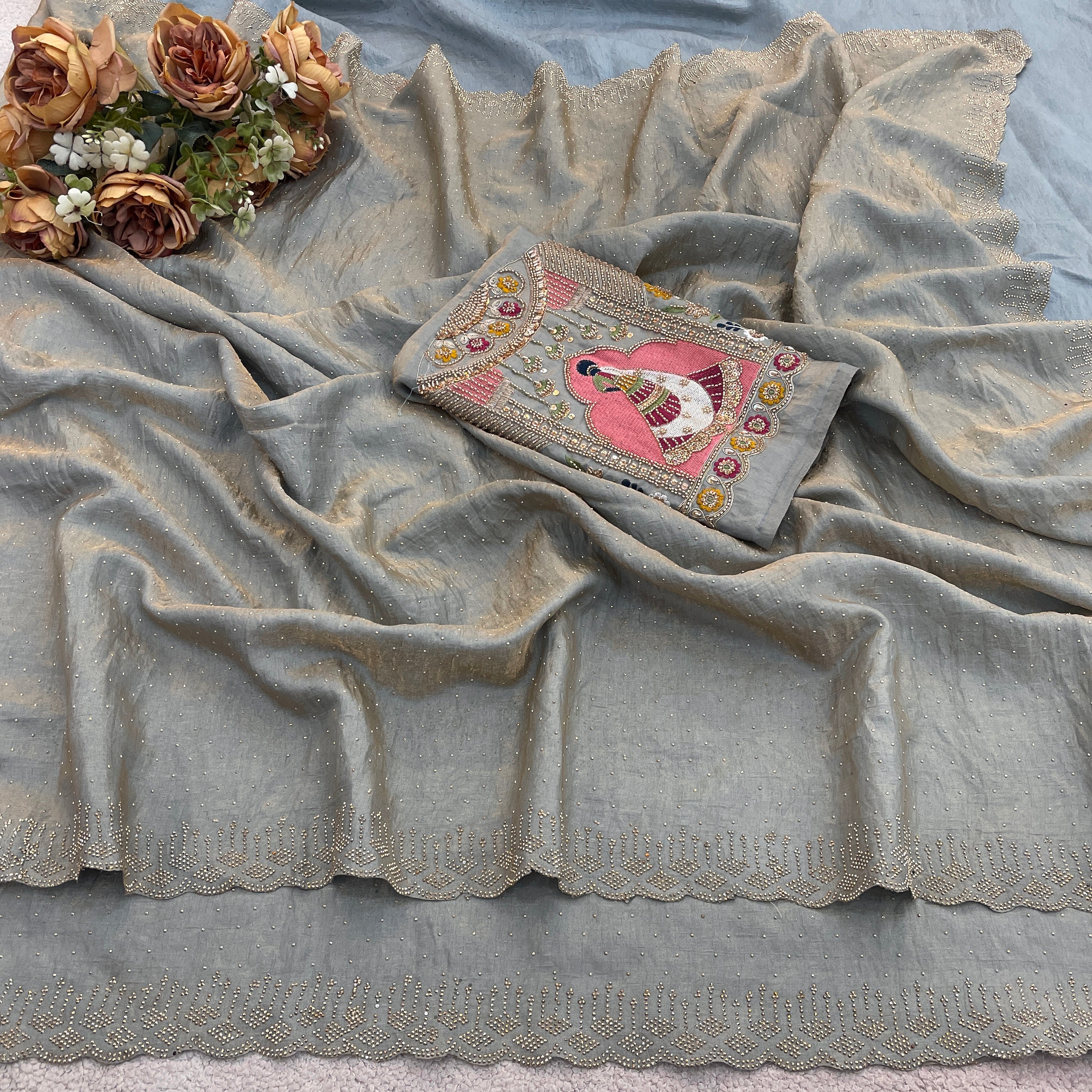 SUDHA Satin Embellished Embroidered Saree - Grey