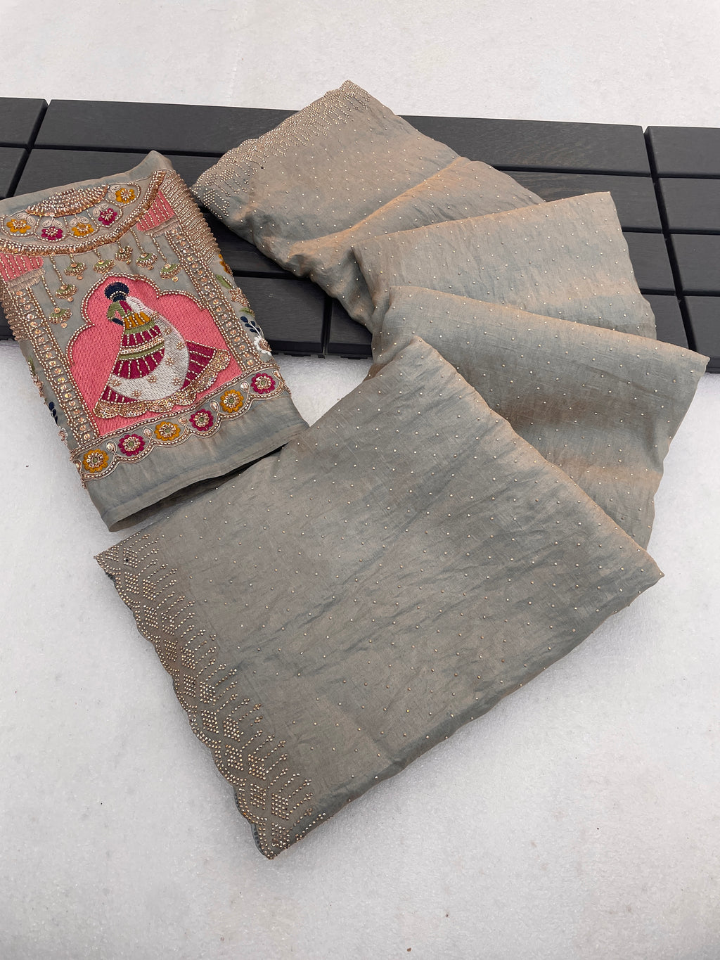 SUDHA Satin Embellished Embroidered Saree - Grey