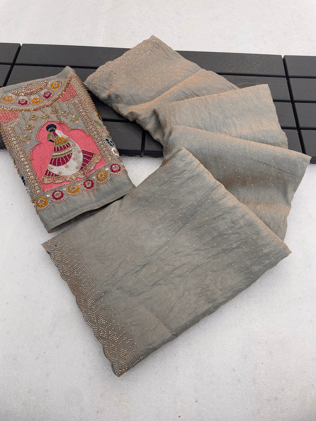 SUDHA Satin Embellished Embroidered Saree - Grey
