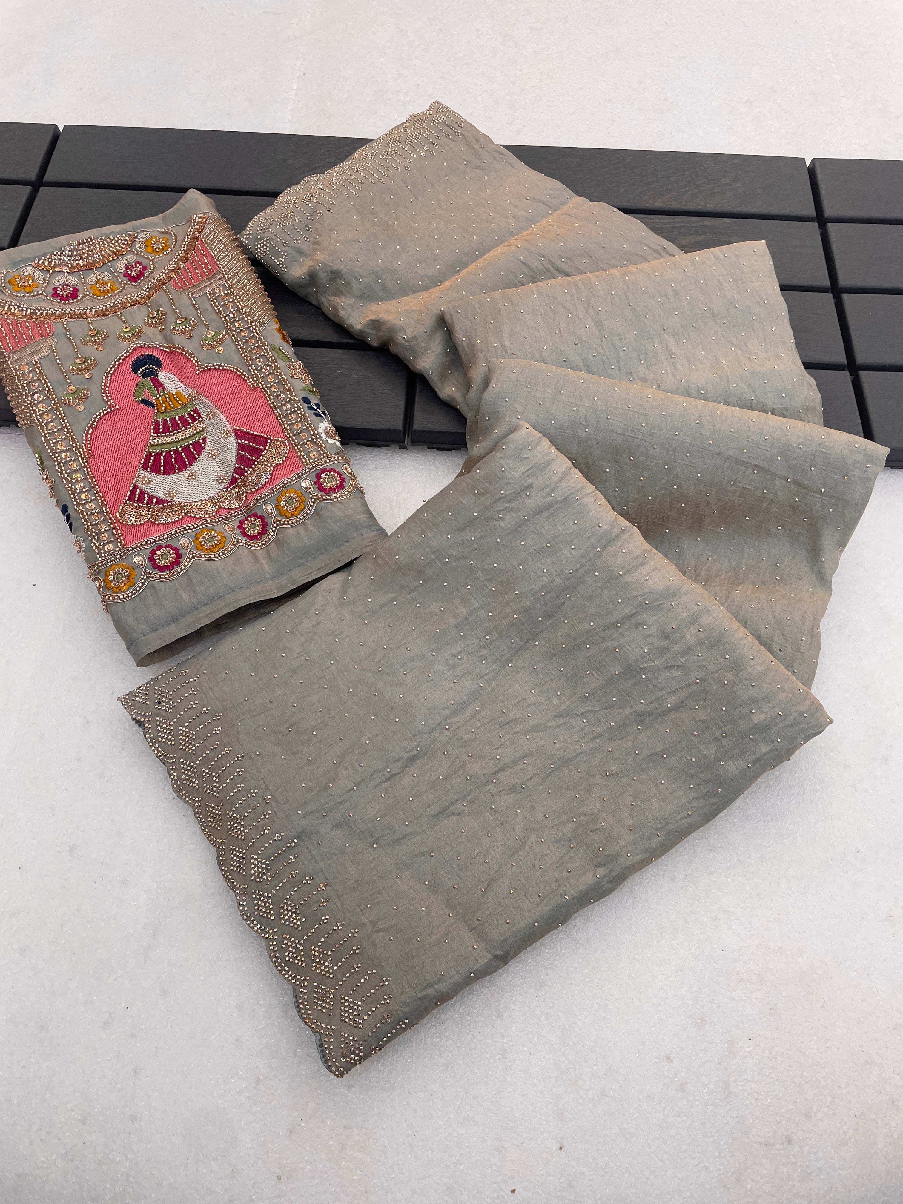 SUDHA Satin Embellished Embroidered Saree - Grey