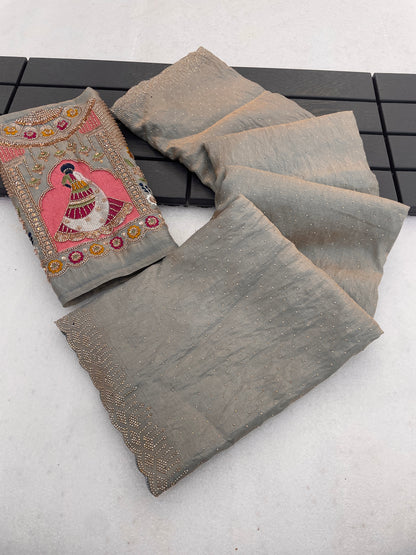 SUDHA Satin Embellished Embroidered Saree - Grey