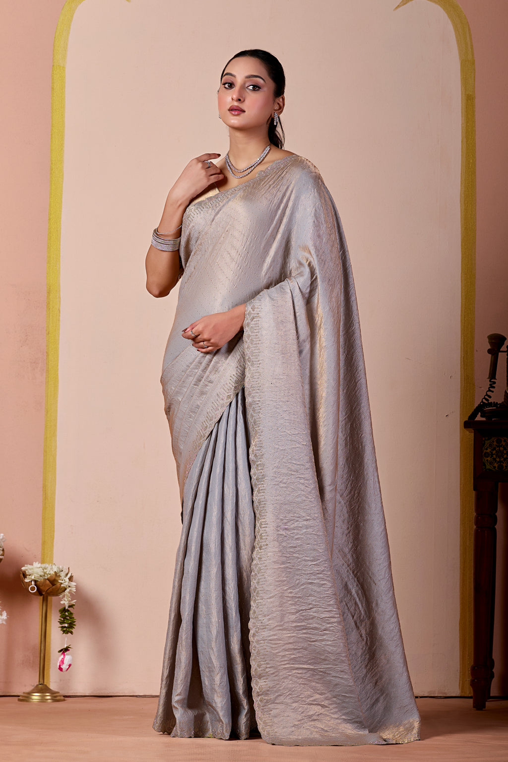 SUDHA Satin Embellished Embroidered Saree - Grey