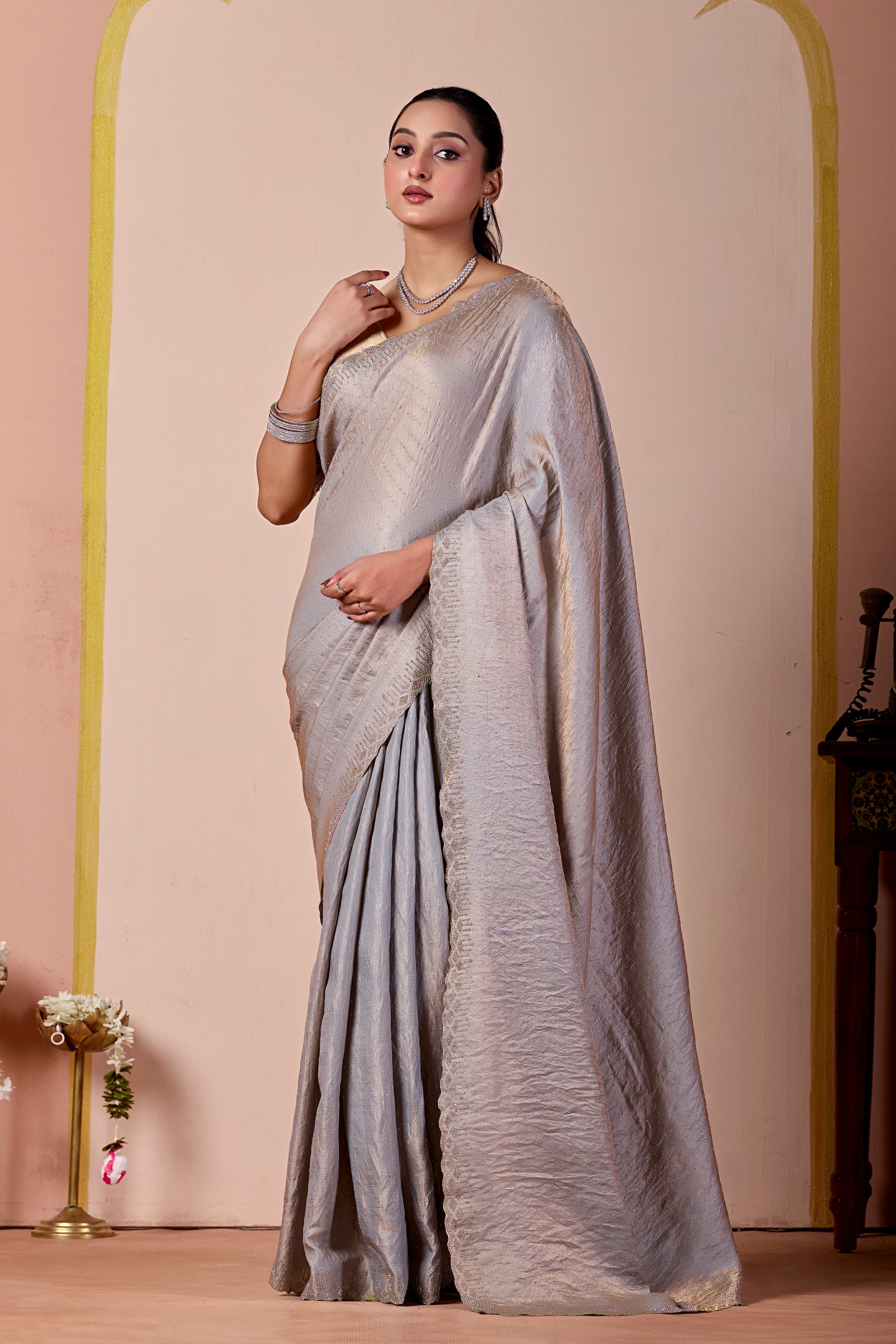 SUDHA Satin Embellished Embroidered Saree - Grey