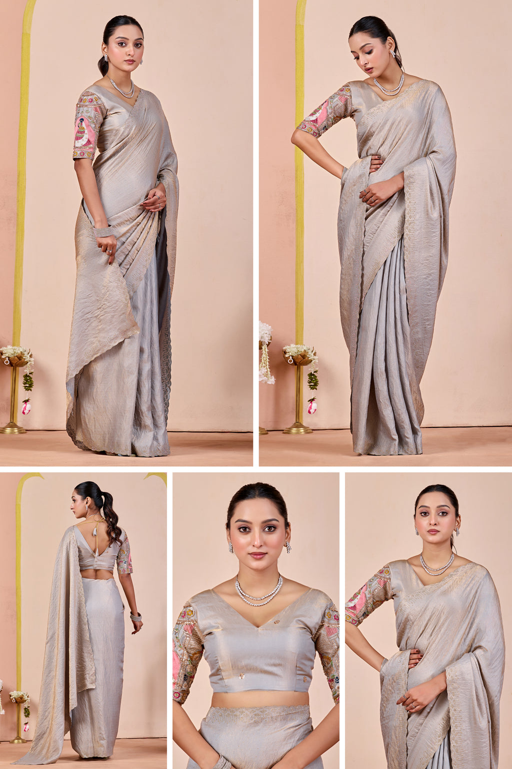 SUDHA Satin Embellished Embroidered Saree - Grey