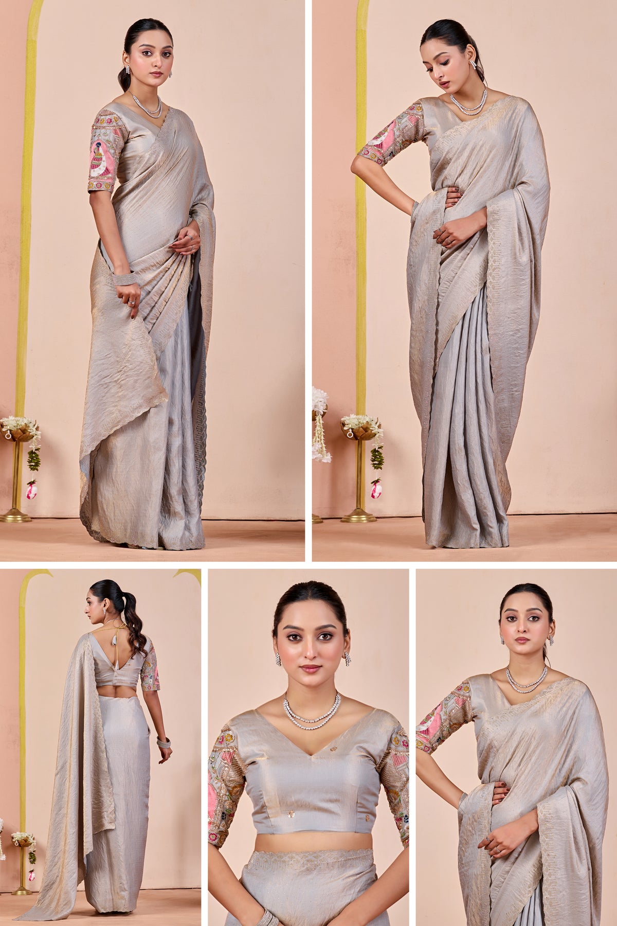 SUDHA Satin Embellished Embroidered Saree - Grey