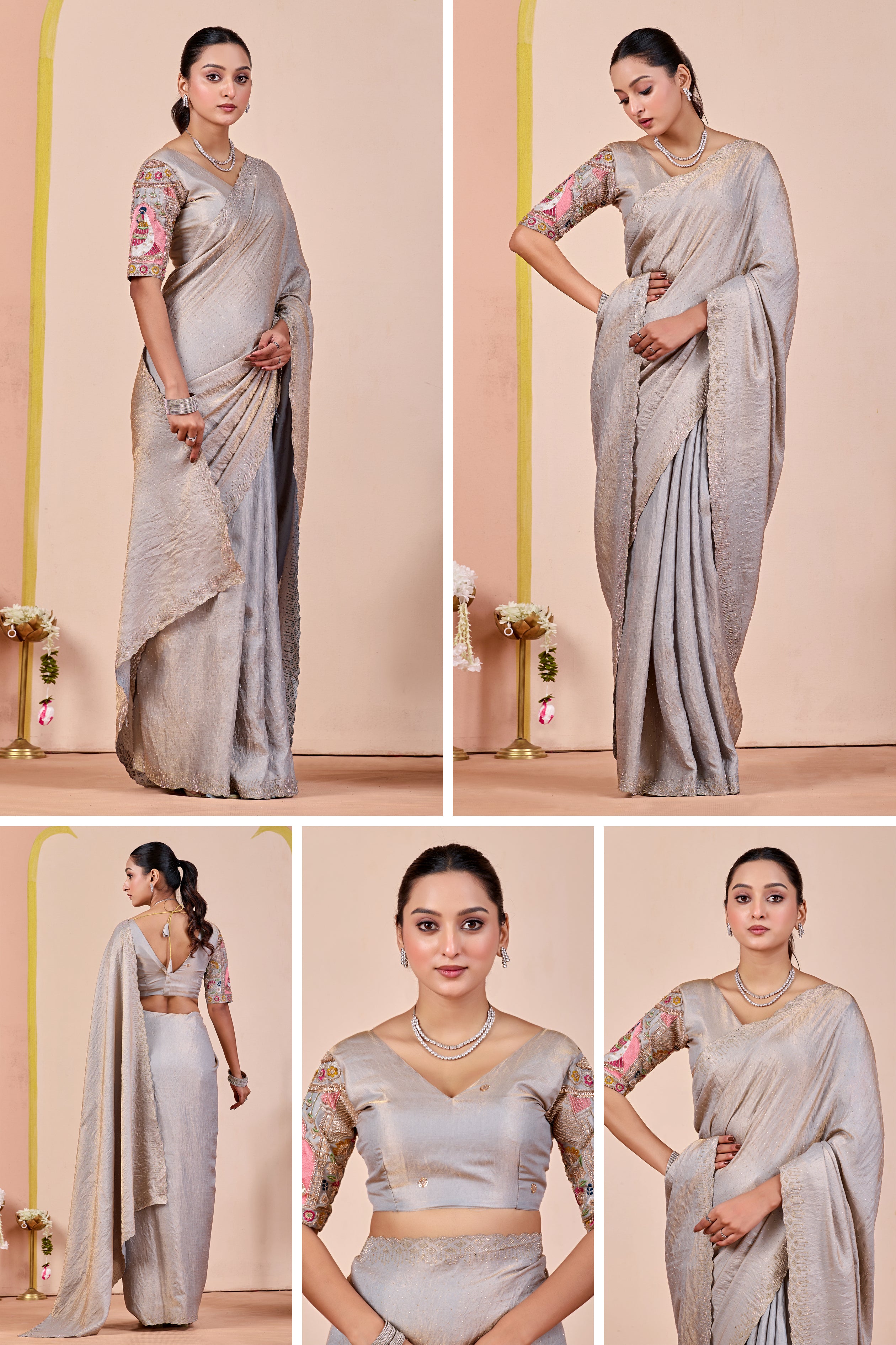 SUDHA Satin Embellished Embroidered Saree - Grey