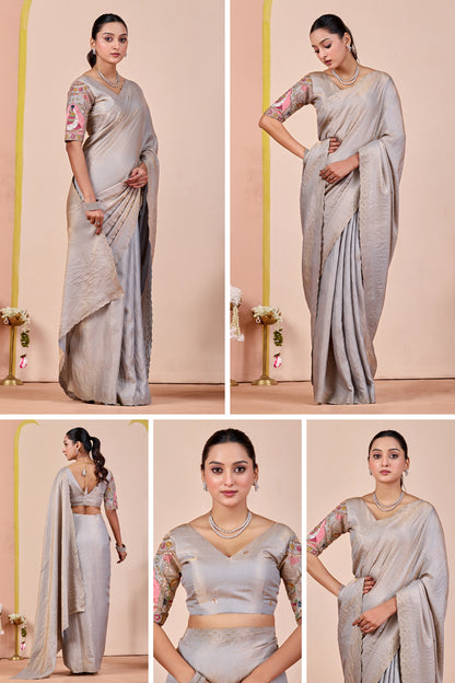 SUDHA Satin Embellished Embroidered Saree - Grey