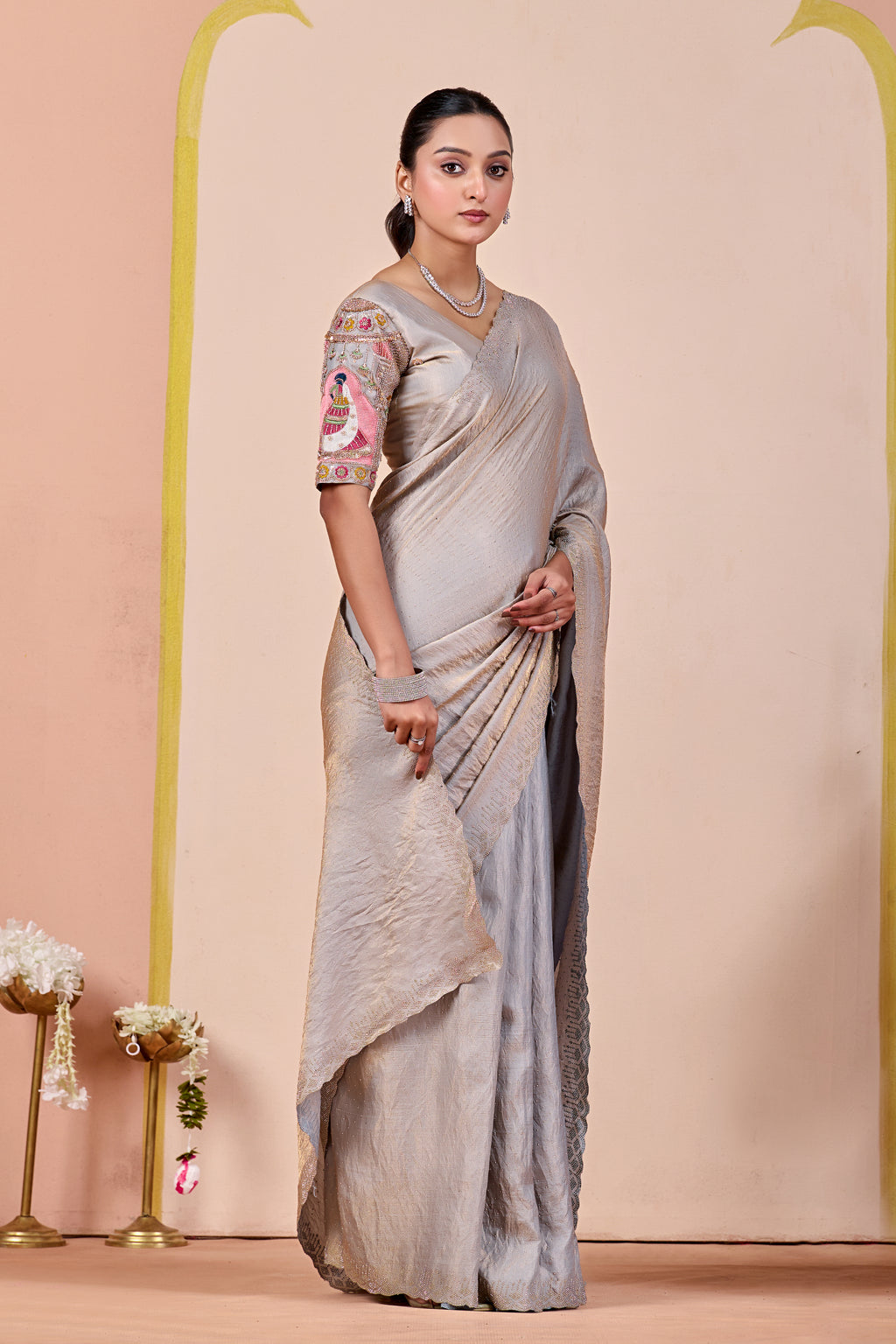 SUDHA Satin Embellished Embroidered Saree - Grey