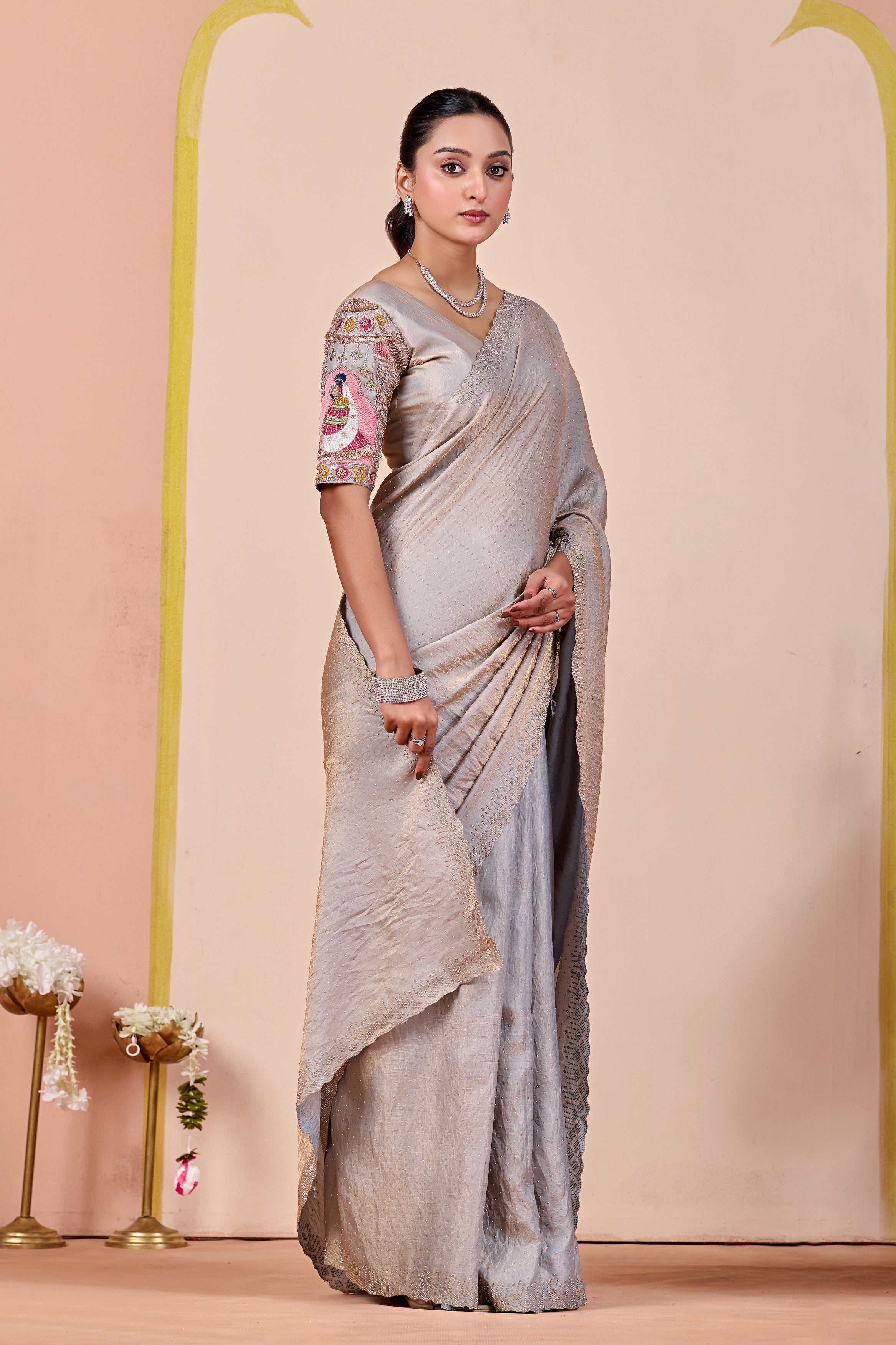 SUDHA Satin Embellished Embroidered Saree - Grey