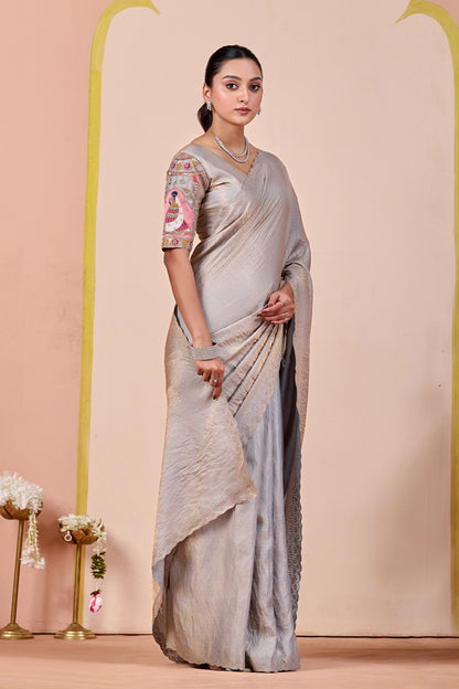 SUDHA Satin Embellished Embroidered Saree - Grey