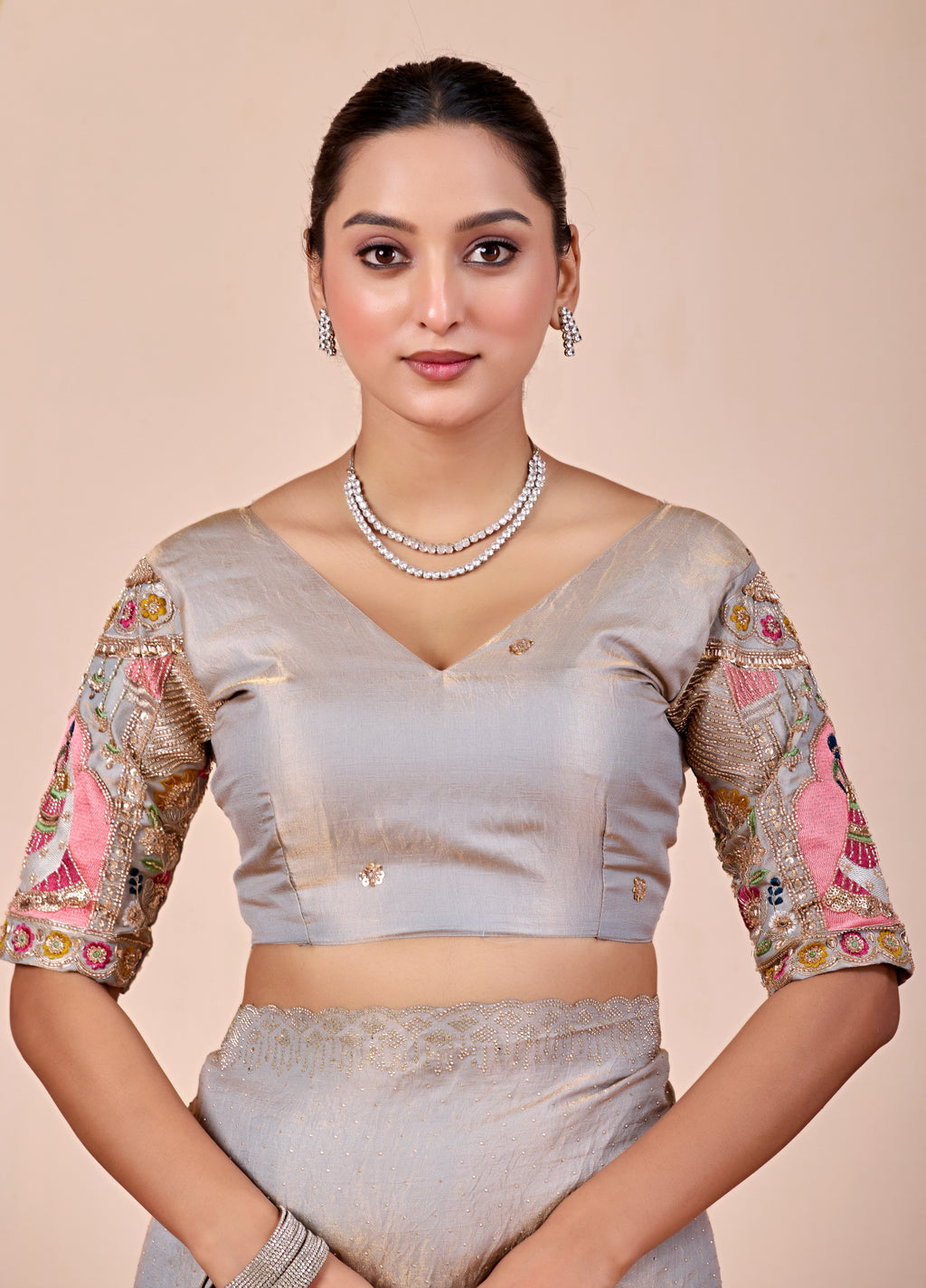SUDHA Satin Embellished Embroidered Saree - Grey
