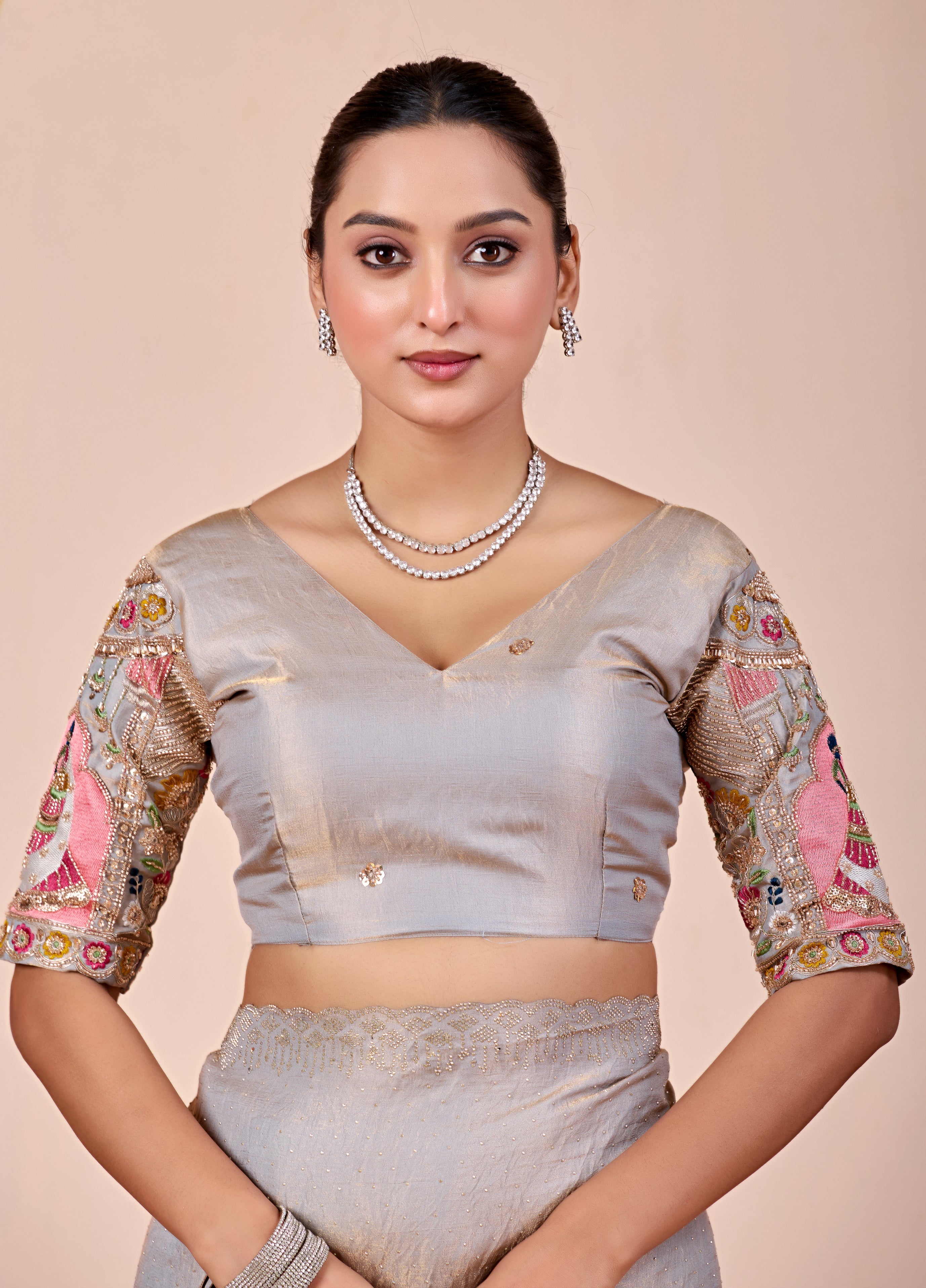 SUDHA Satin Embellished Embroidered Saree - Grey