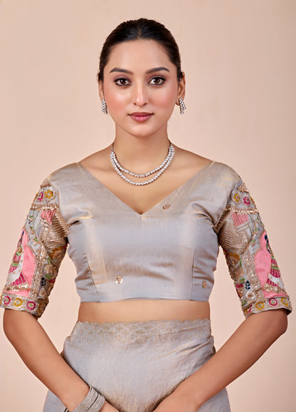 SUDHA Satin Embellished Embroidered Saree - Grey