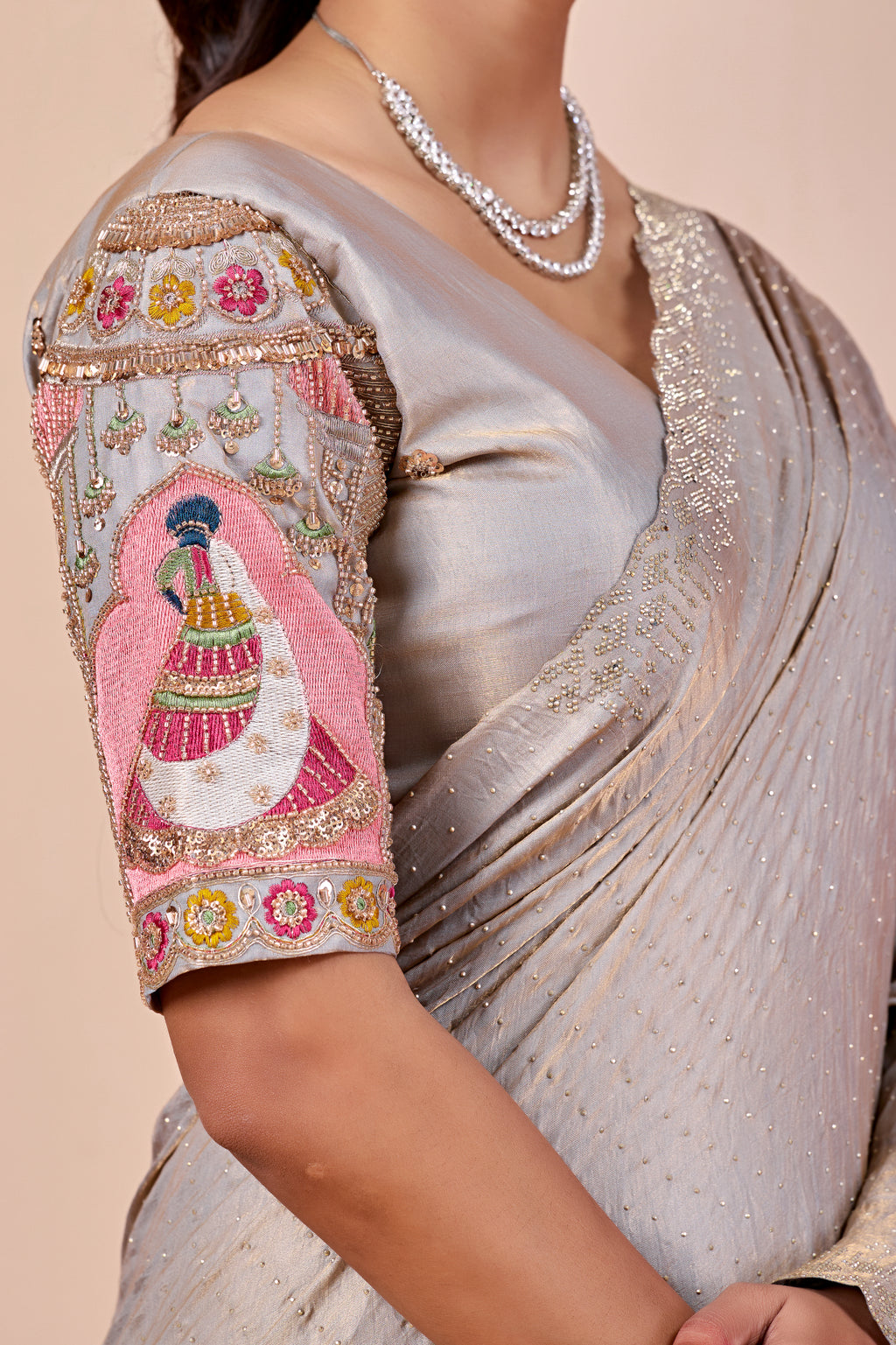 SUDHA Satin Embellished Embroidered Saree - Grey
