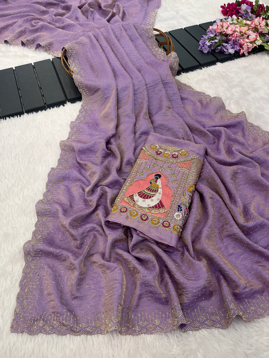 SUDHA Satin Embellished Embroidered Saree - Lavendar