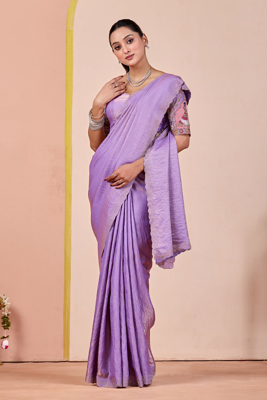 SUDHA Satin Embellished Embroidered Saree - Lavendar