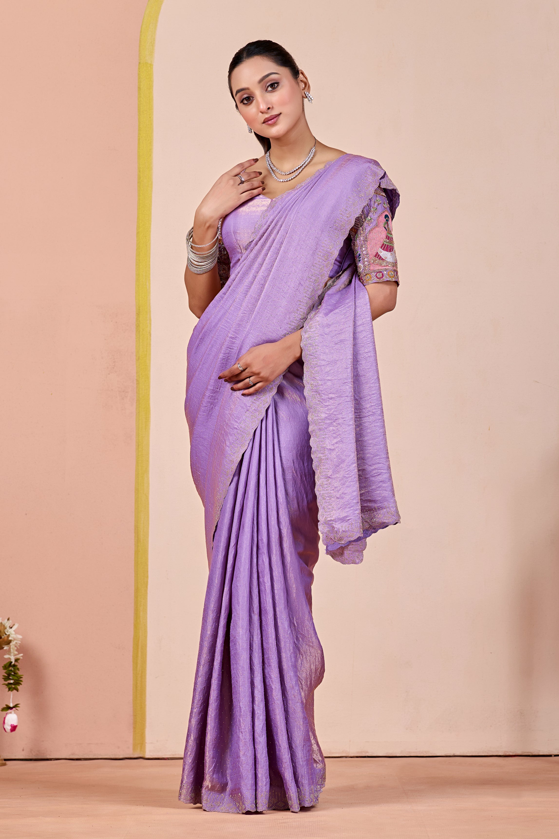 SUDHA Satin Embellished Embroidered Saree - Lavendar