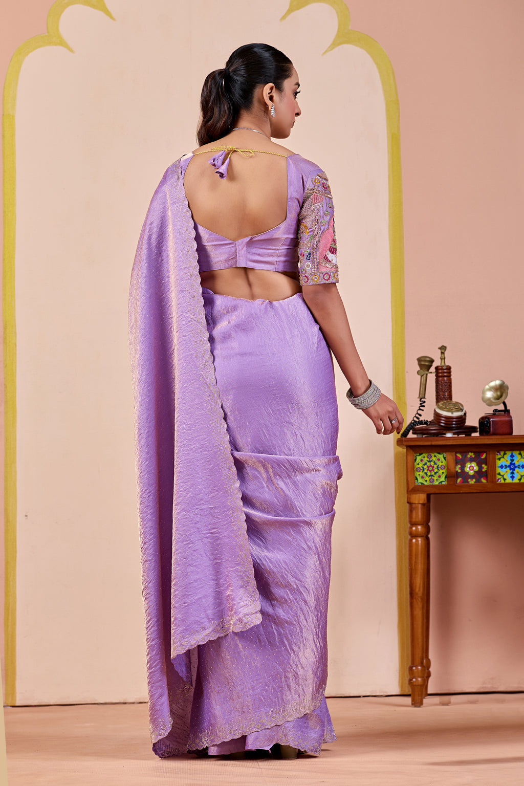 SUDHA Satin Embellished Embroidered Saree - Lavendar
