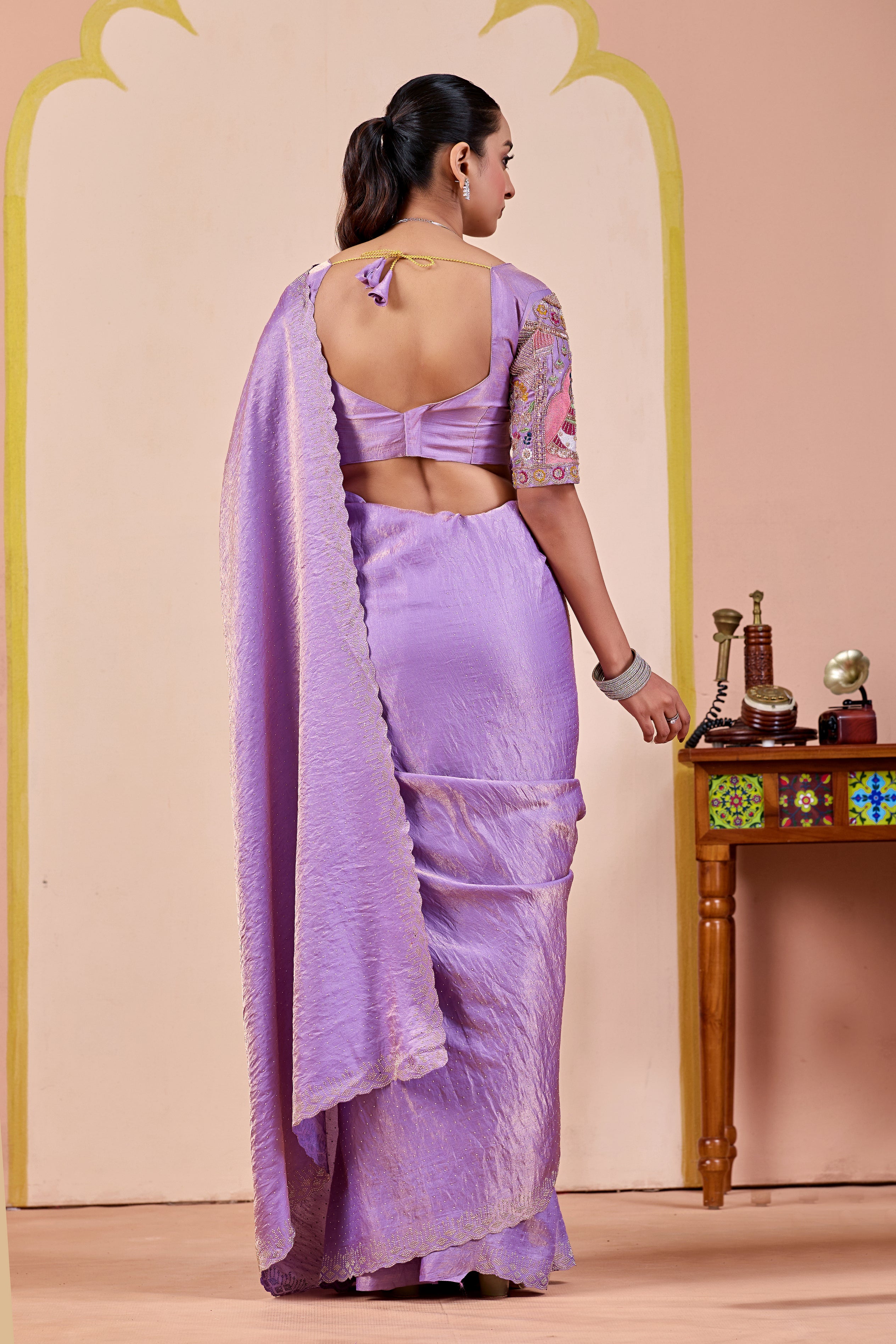 SUDHA Satin Embellished Embroidered Saree - Lavendar