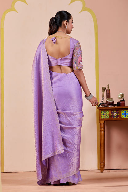 SUDHA Satin Embellished Embroidered Saree - Lavendar