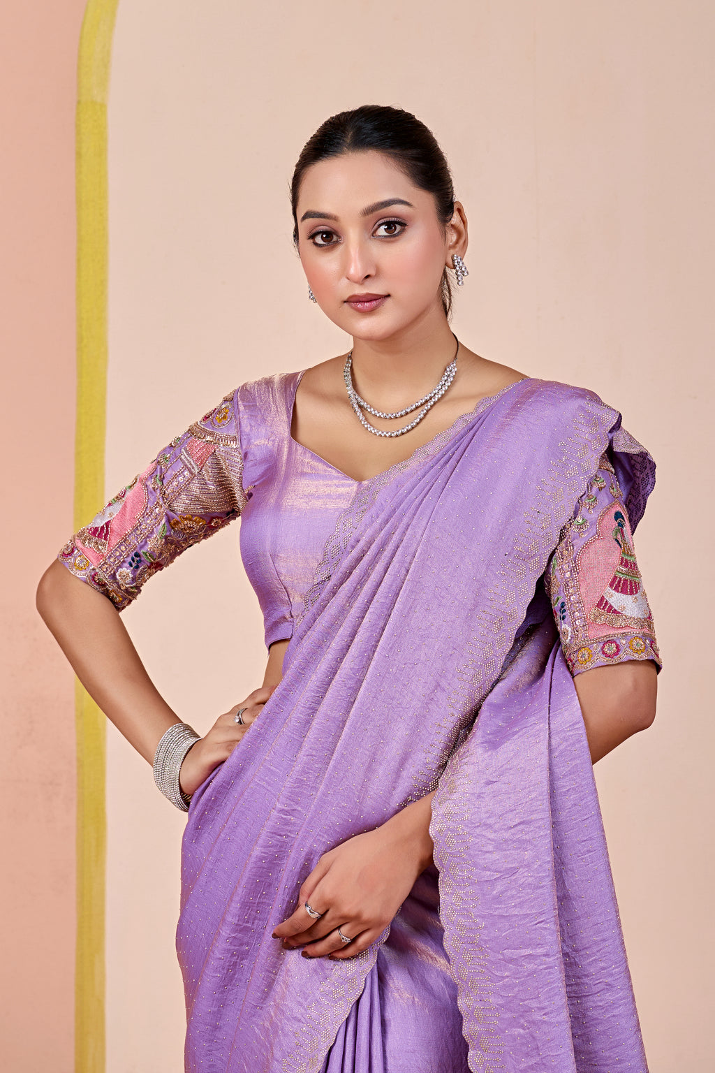 SUDHA Satin Embellished Embroidered Saree - Lavendar