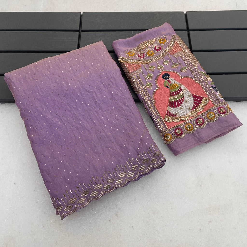 SUDHA Satin Embellished Embroidered Saree - Lavendar
