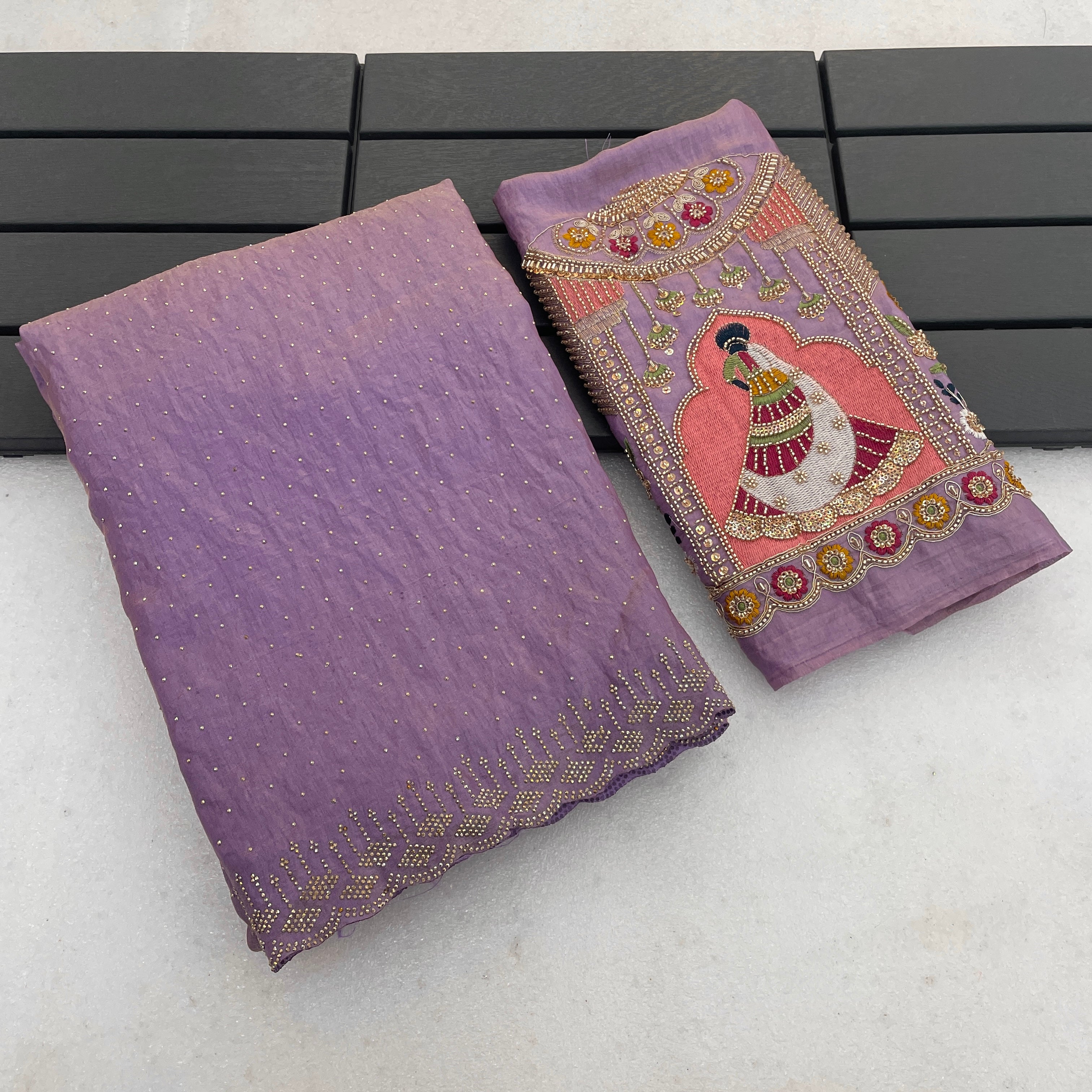 SUDHA Satin Embellished Embroidered Saree - Lavendar