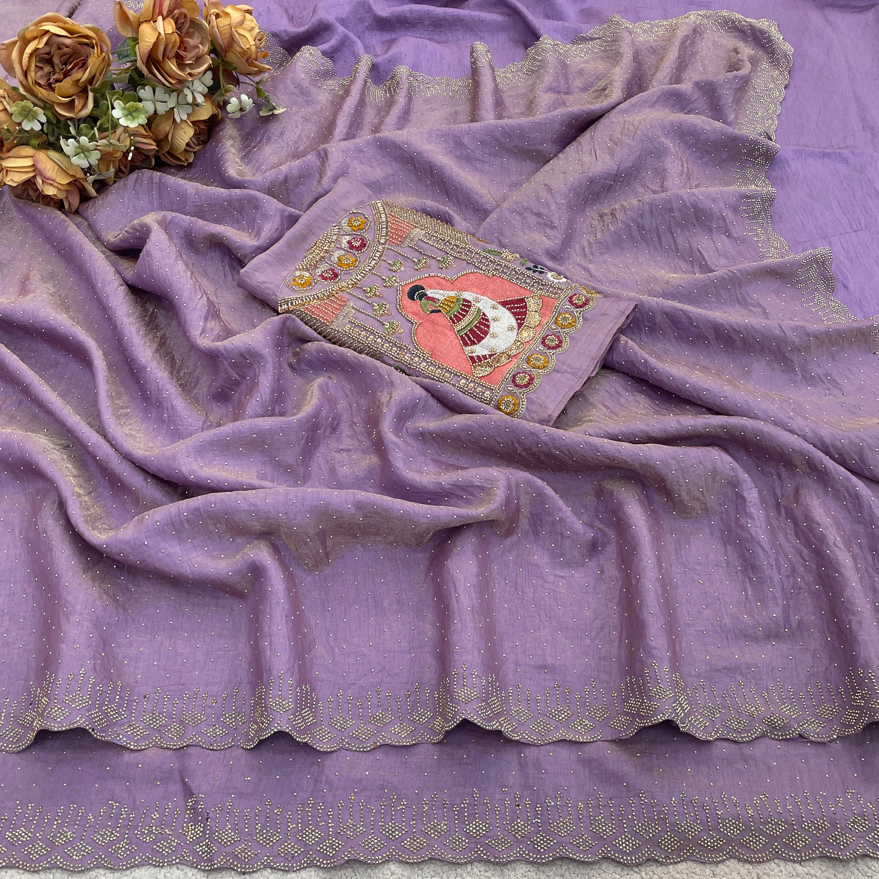 SUDHA Satin Embellished Embroidered Saree - Lavendar