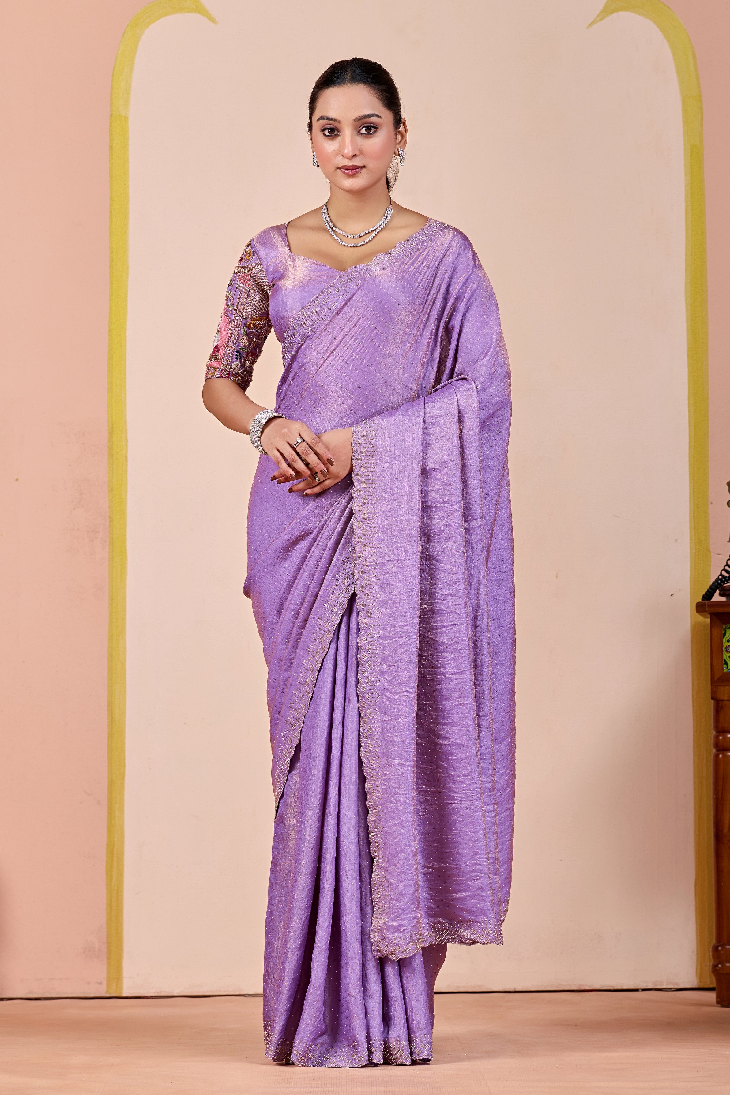 SUDHA Satin Embellished Embroidered Saree - Lavendar