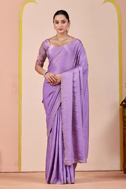 SUDHA Satin Embellished Embroidered Saree - Lavendar
