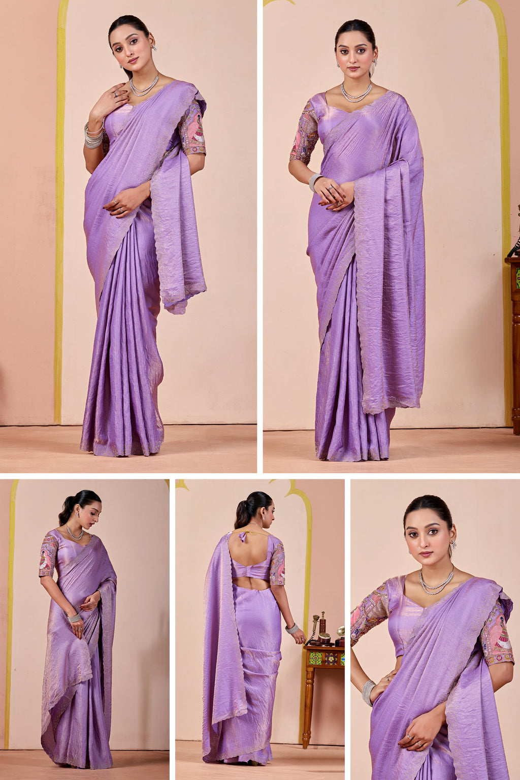 SUDHA Satin Embellished Embroidered Saree - Lavendar