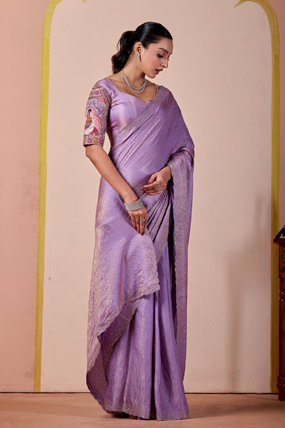 SUDHA Satin Embellished Embroidered Saree - Lavendar