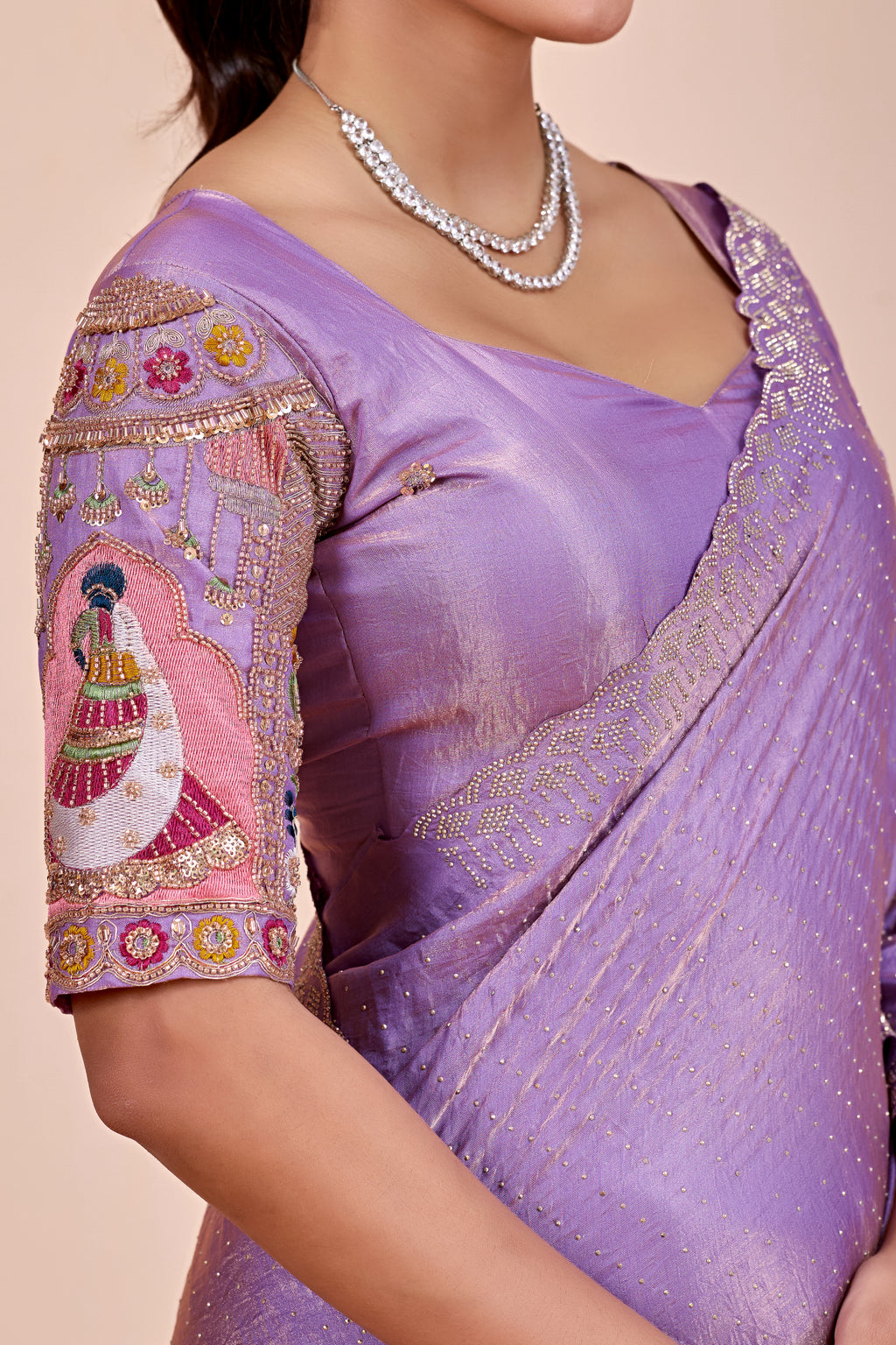 SUDHA Satin Embellished Embroidered Saree - Lavendar