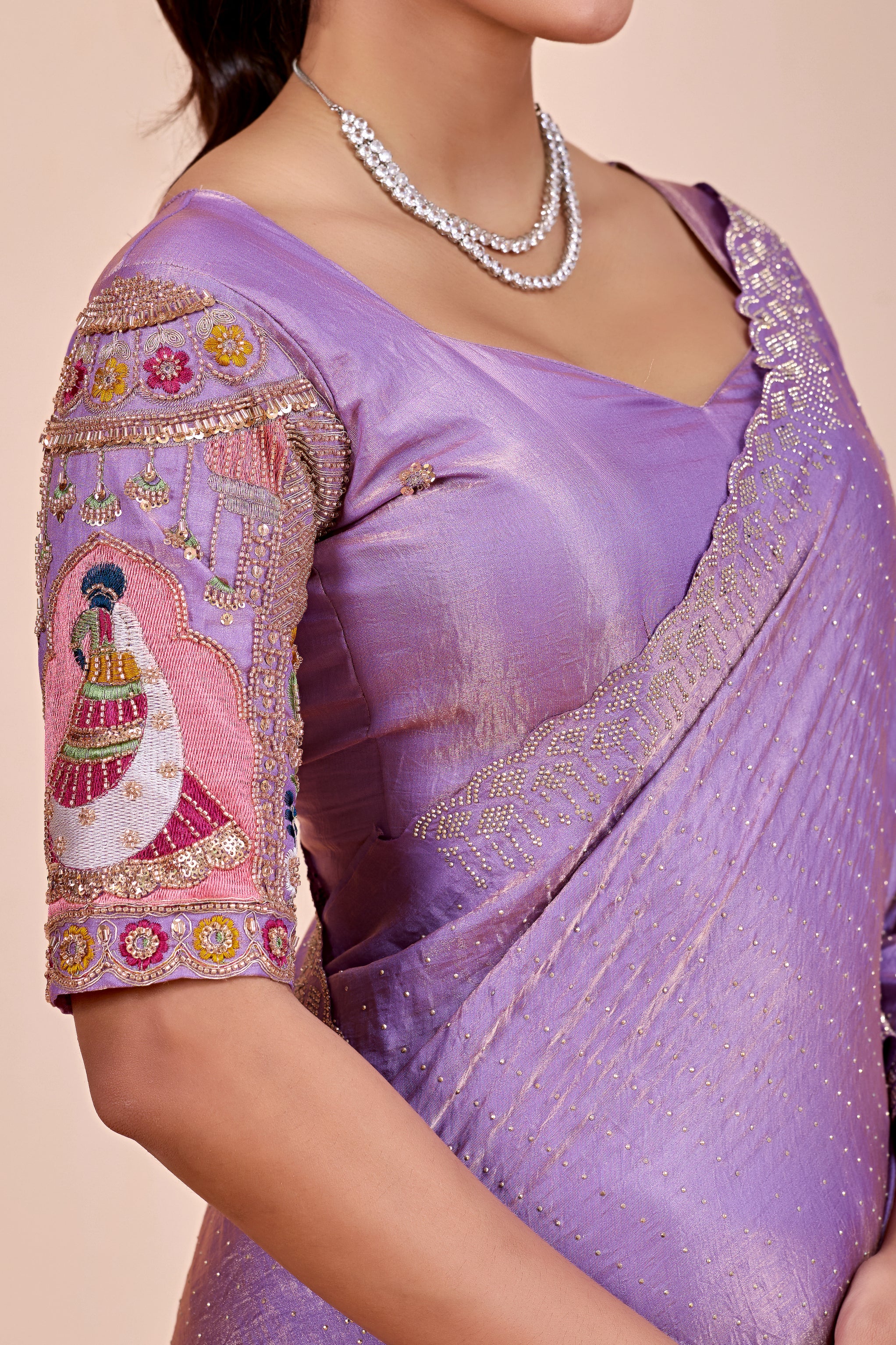 SUDHA Satin Embellished Embroidered Saree - Lavendar