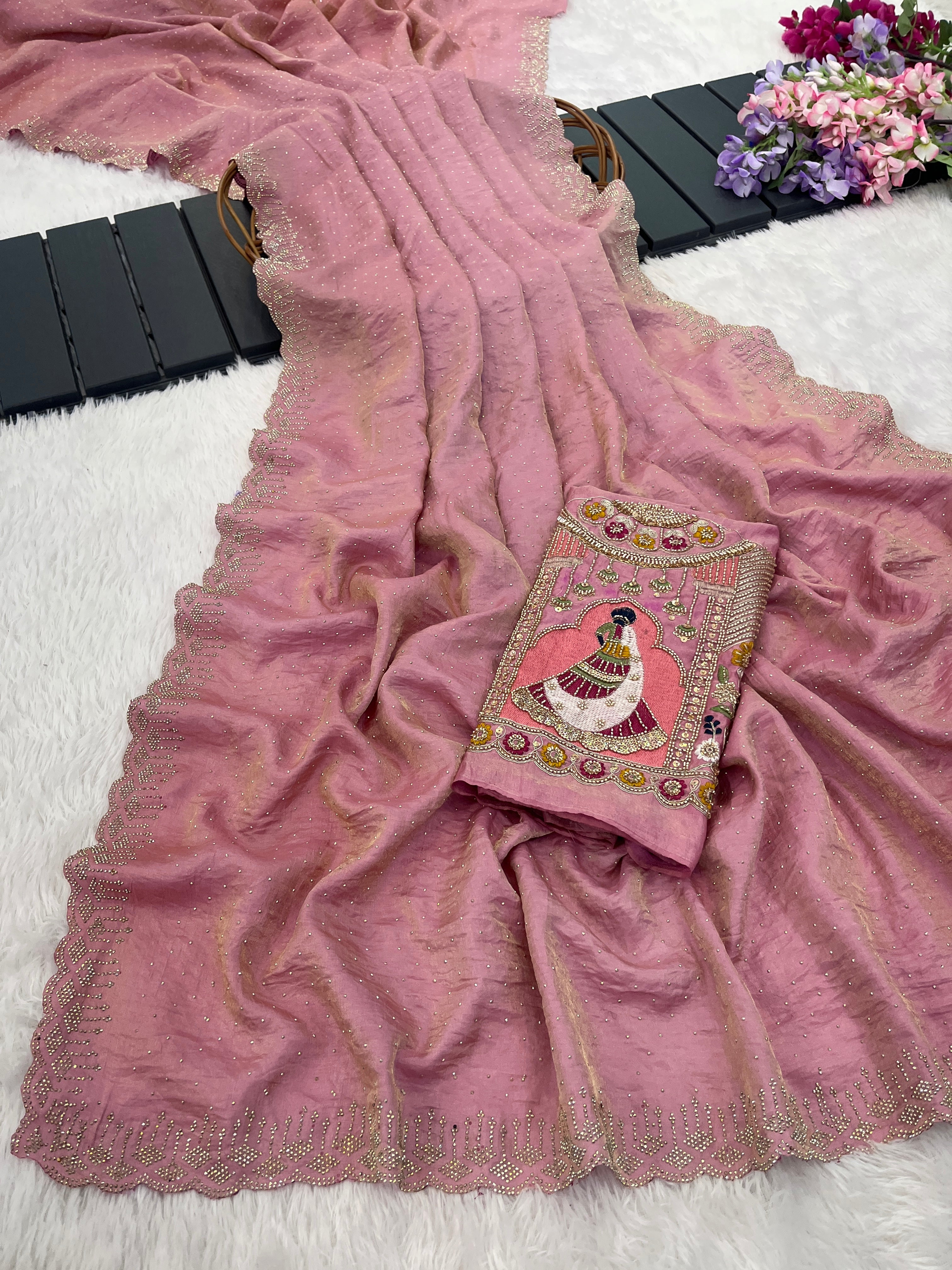SUDHA Satin Embellished Embroidered Saree - Pink
