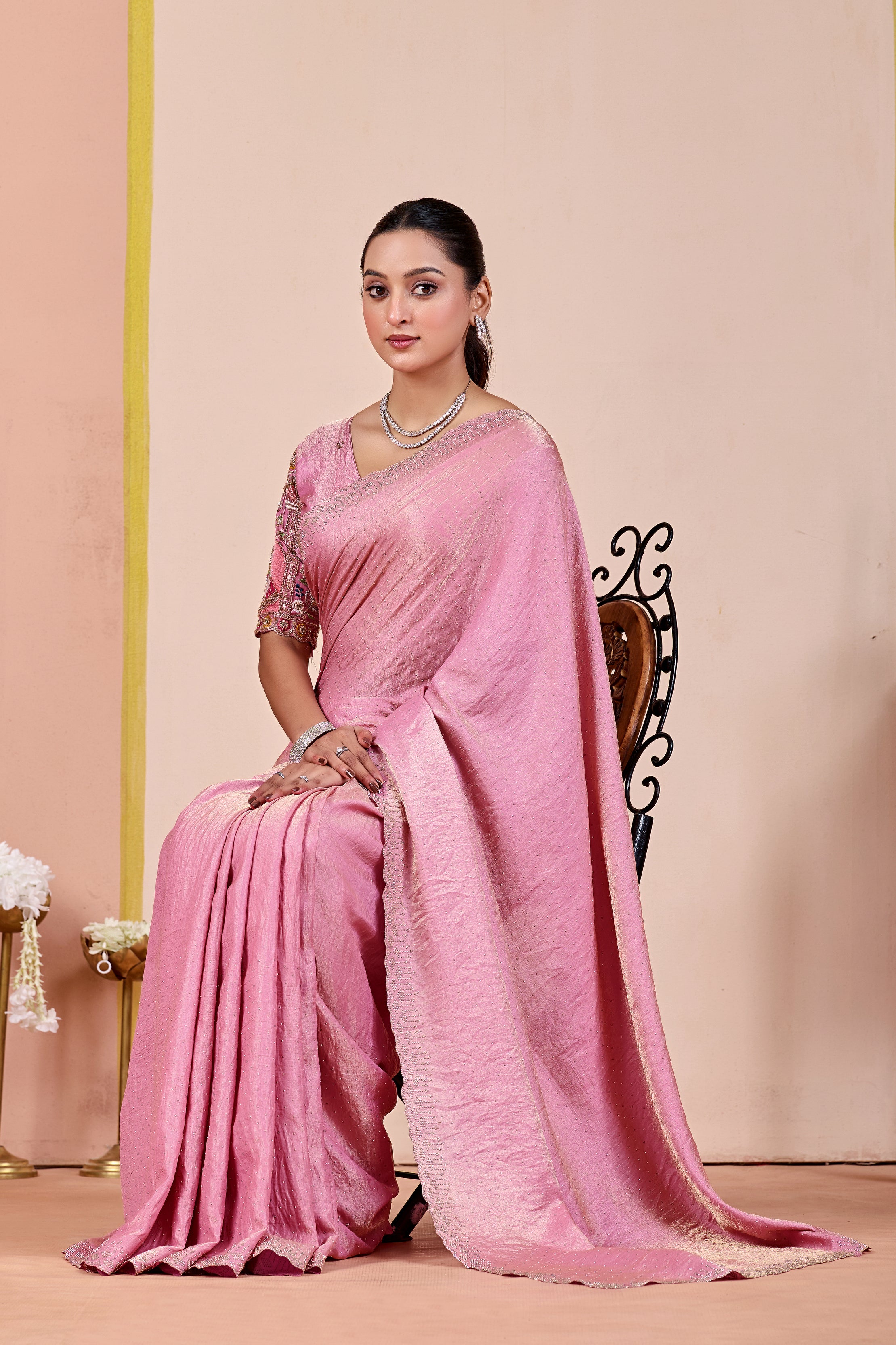 SUDHA Satin Embellished Embroidered Saree - Pink