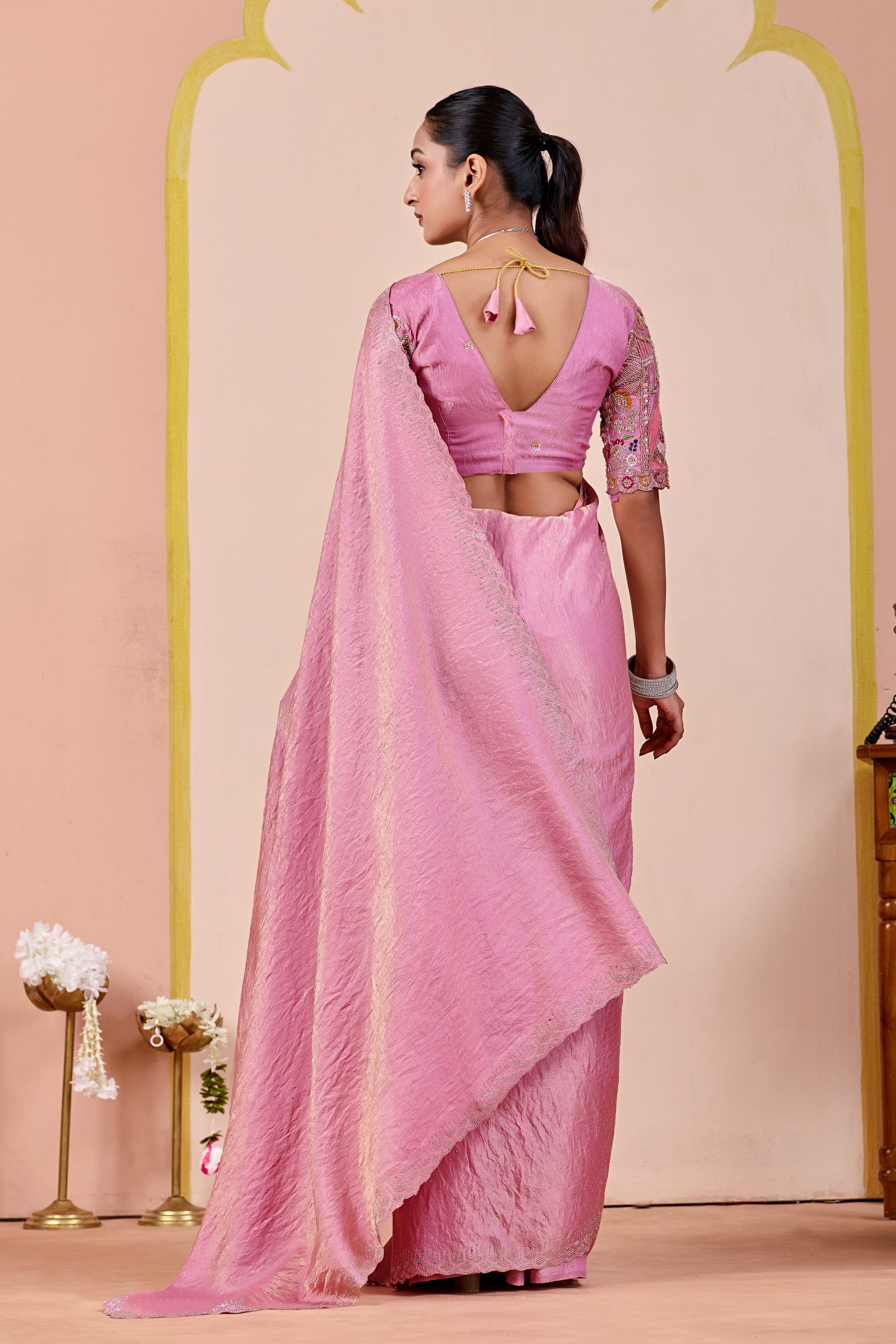 SUDHA Satin Embellished Embroidered Saree - Pink