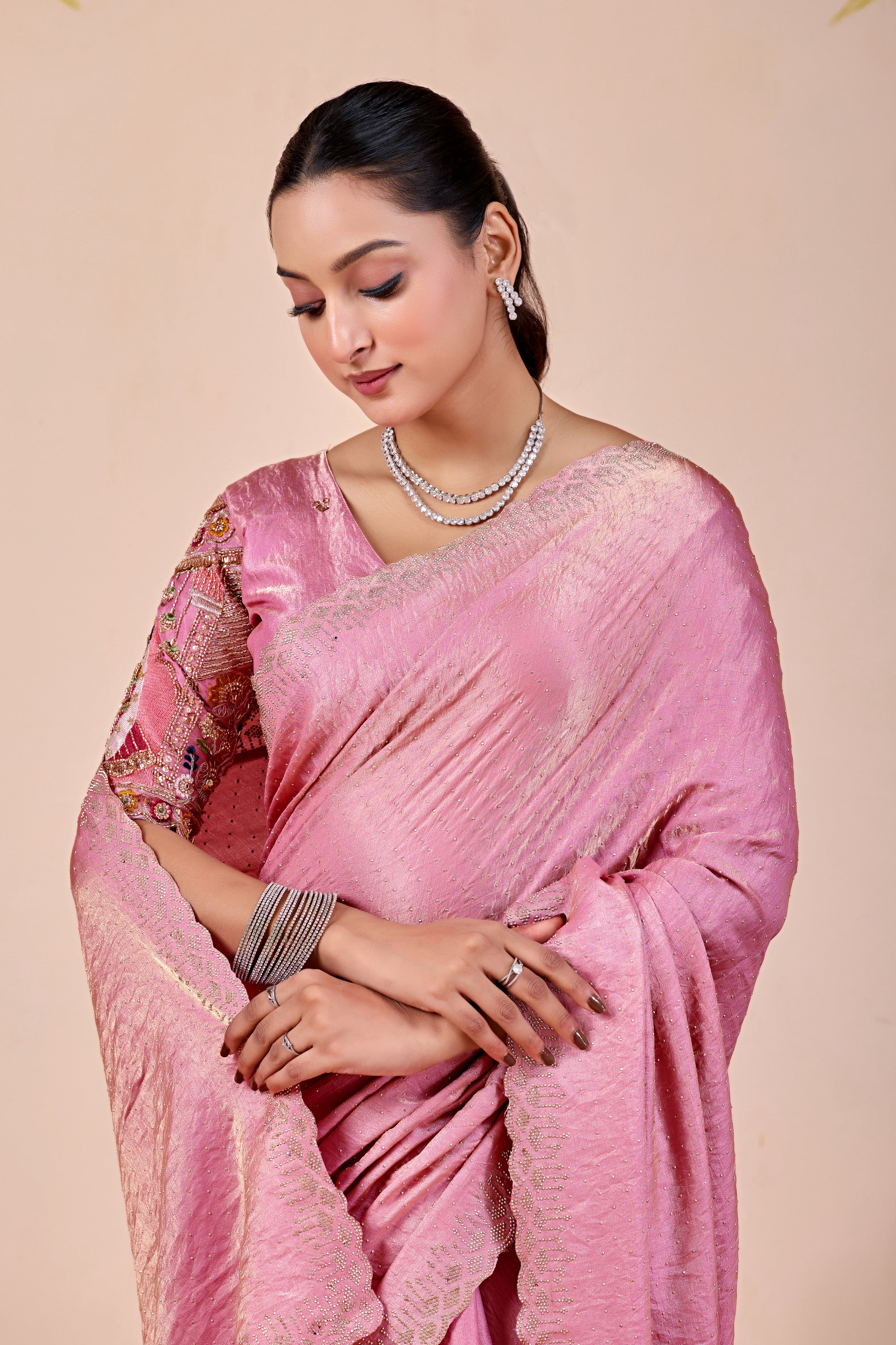 SUDHA Satin Embellished Embroidered Saree - Pink