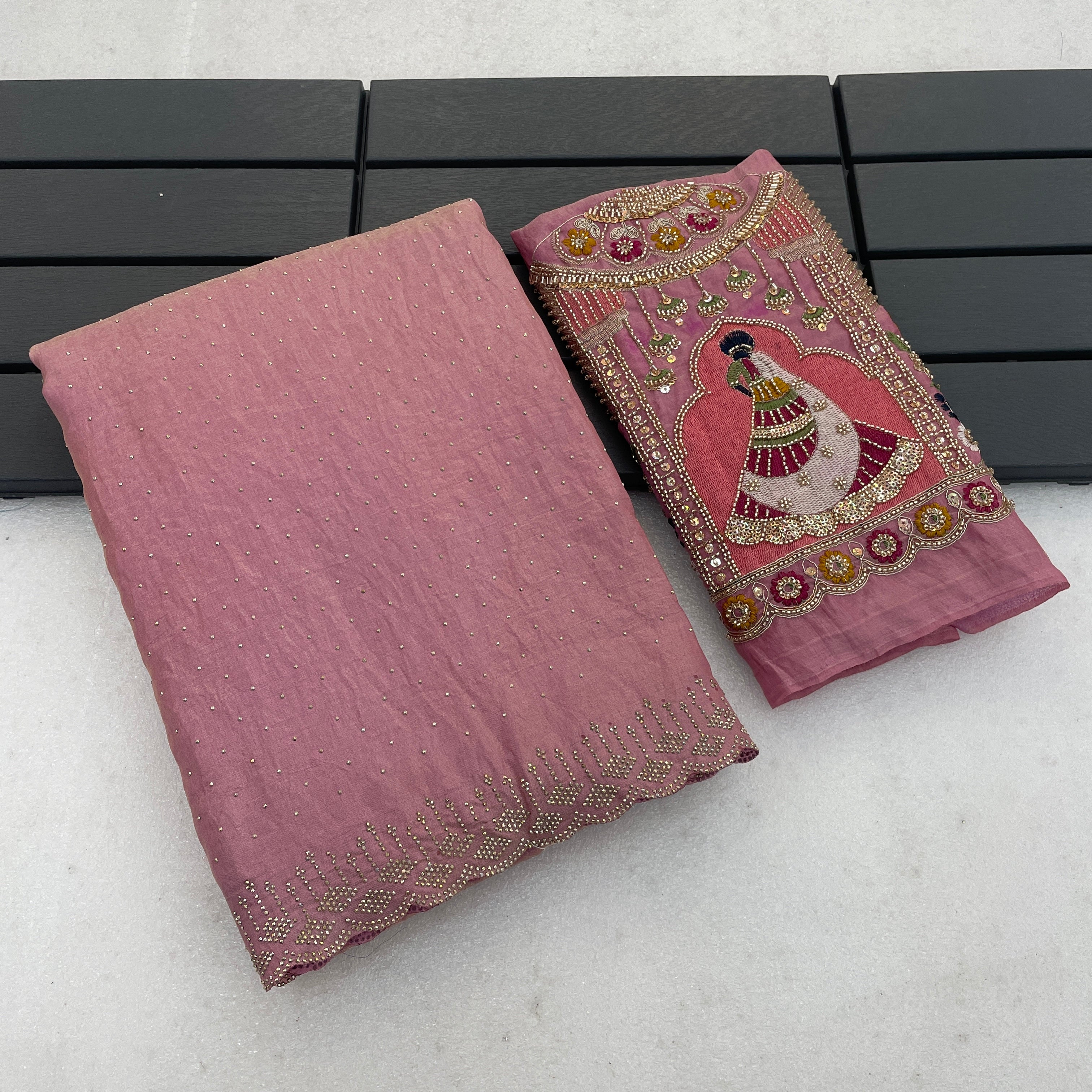 SUDHA Satin Embellished Embroidered Saree - Pink