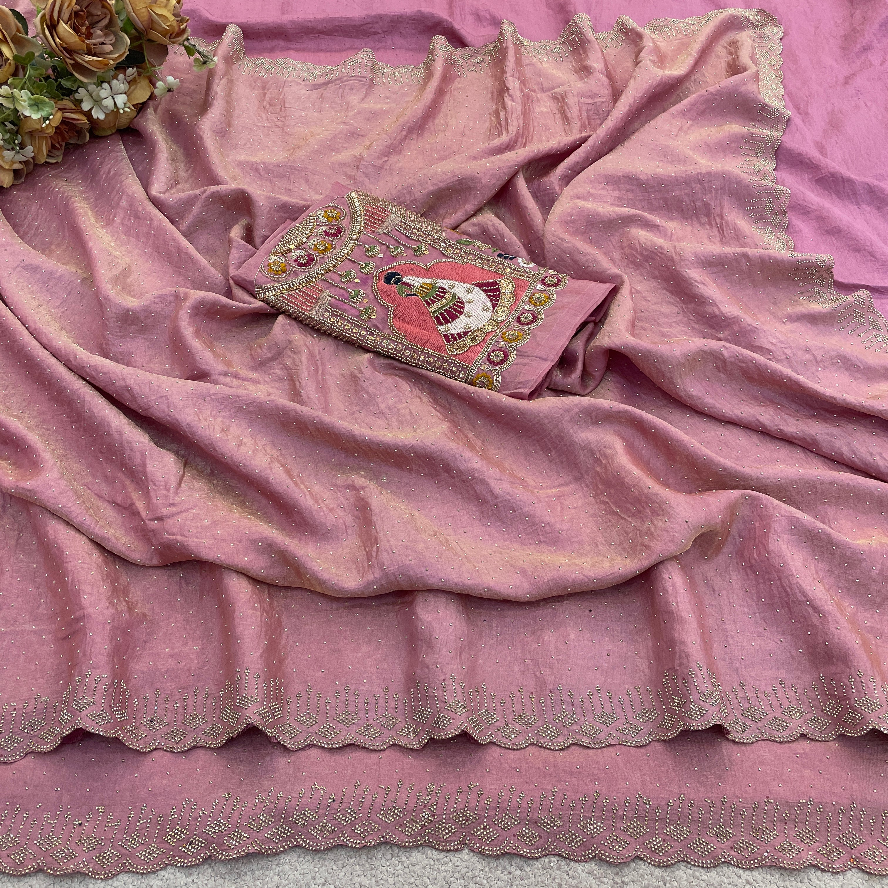 SUDHA Satin Embellished Embroidered Saree - Pink