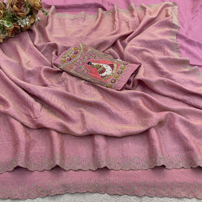 SUDHA Satin Embellished Embroidered Saree - Pink