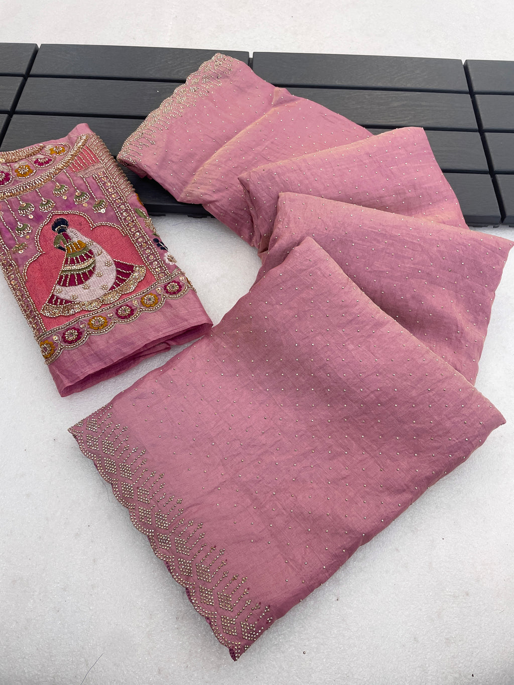 SUDHA Satin Embellished Embroidered Saree - Pink