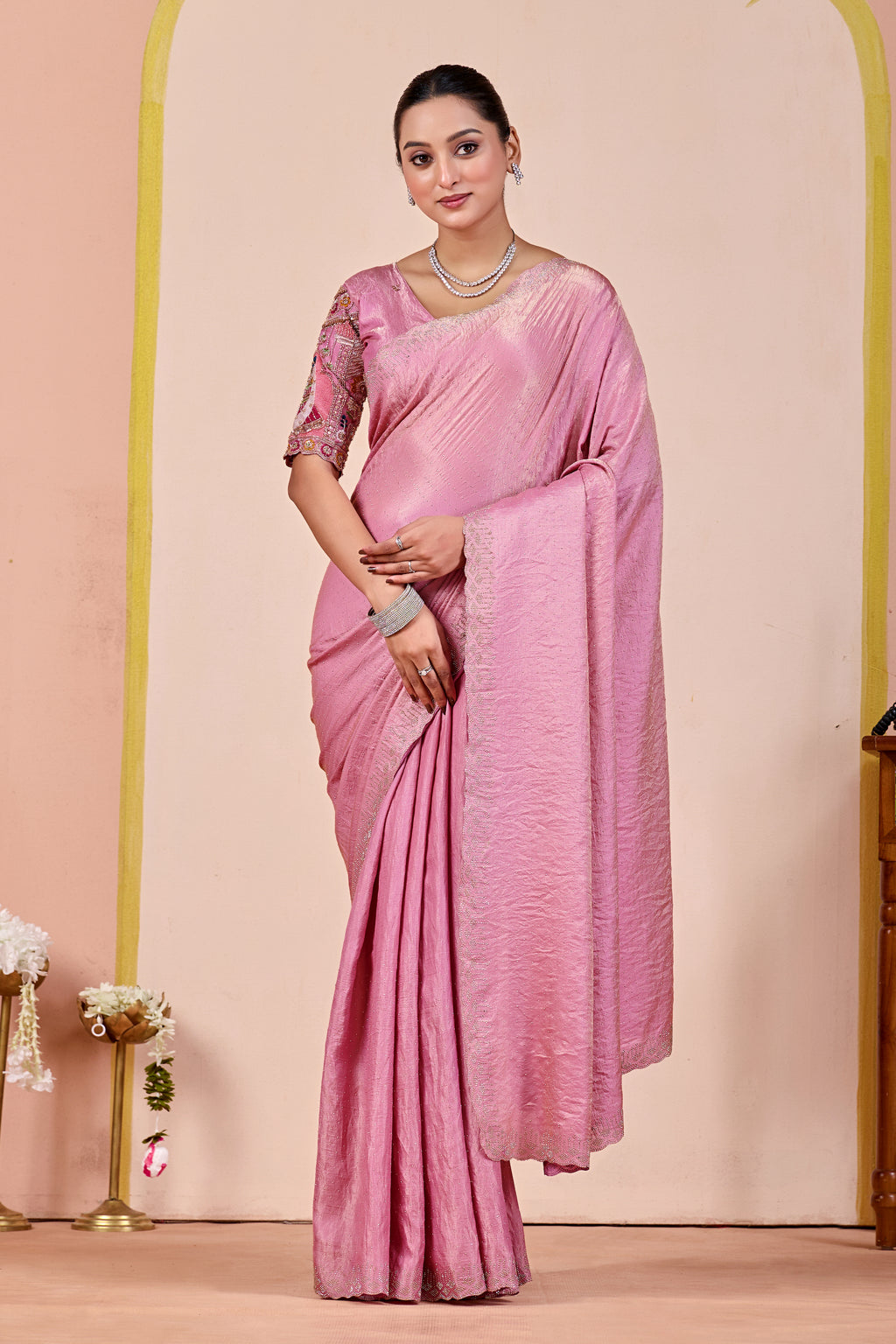 SUDHA Satin Embellished Embroidered Saree - Pink