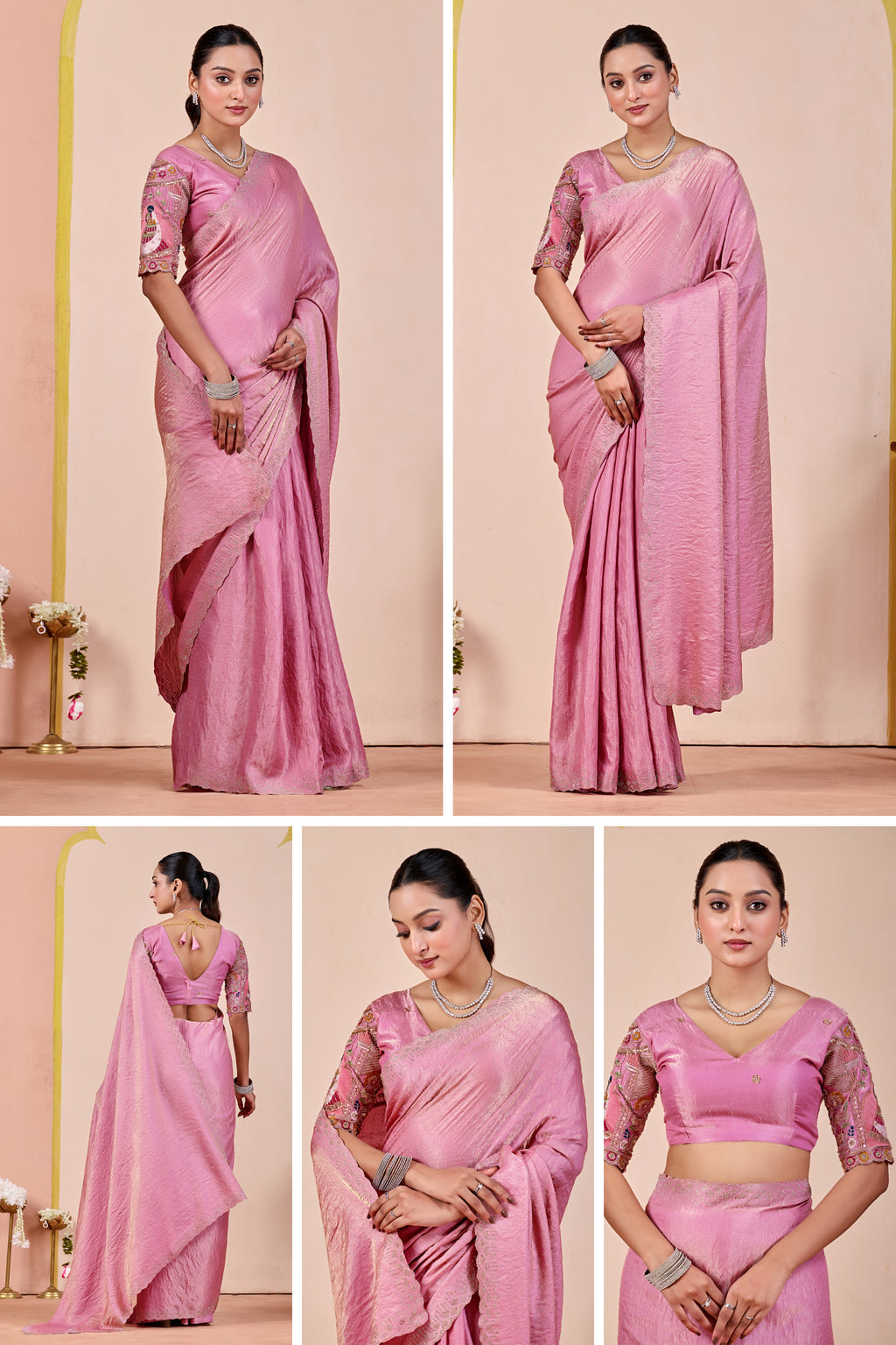 SUDHA Satin Embellished Embroidered Saree - Pink