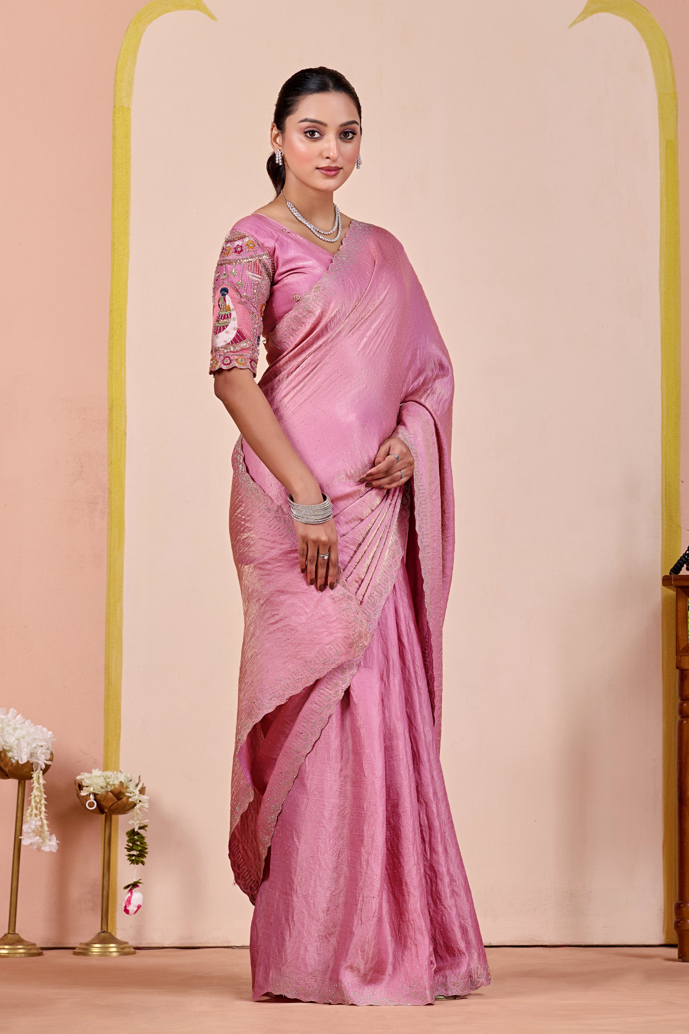 SUDHA Satin Embellished Embroidered Saree - Pink