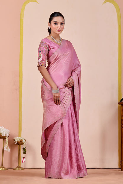 SUDHA Satin Embellished Embroidered Saree - Pink