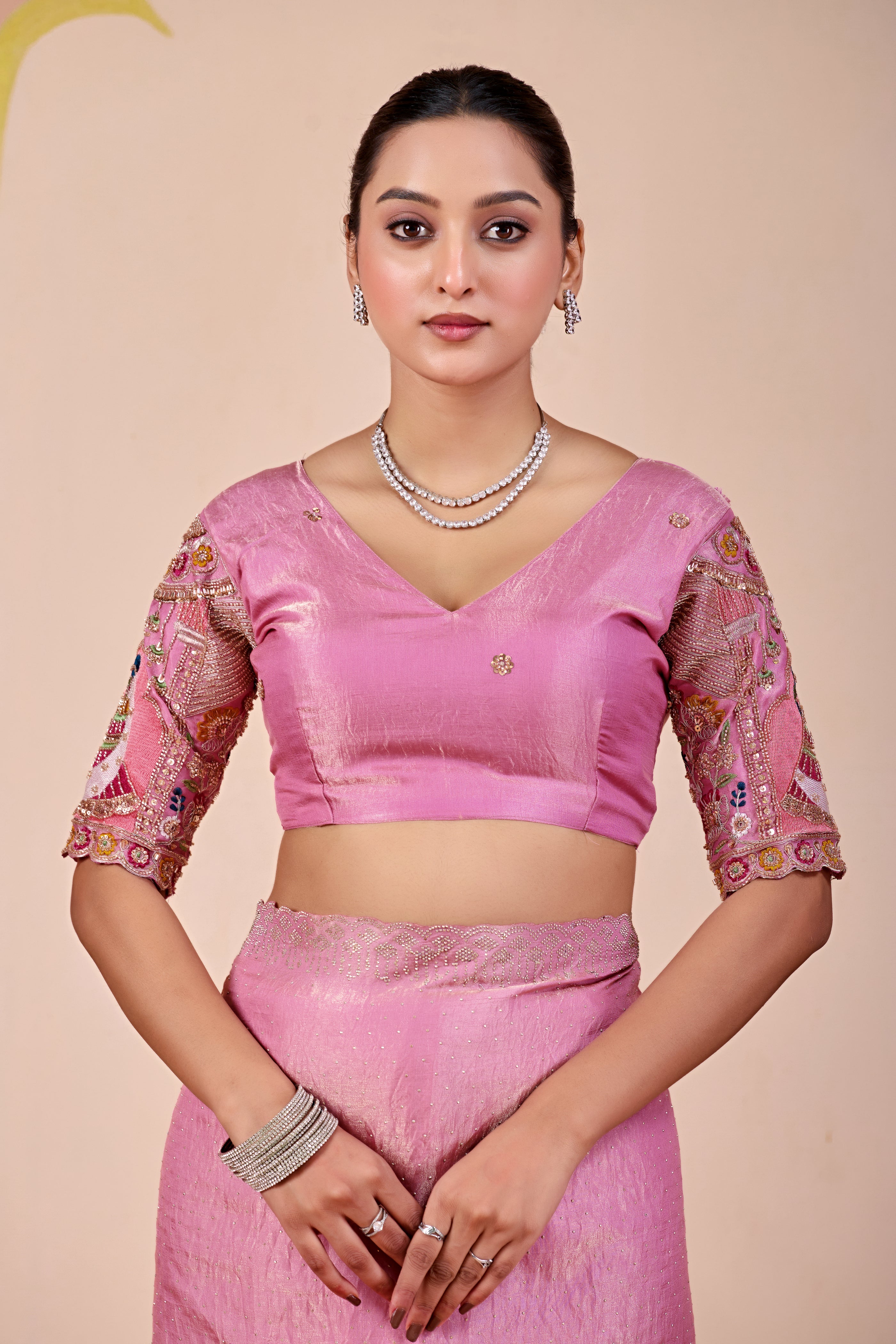 SUDHA Satin Embellished Embroidered Saree - Pink