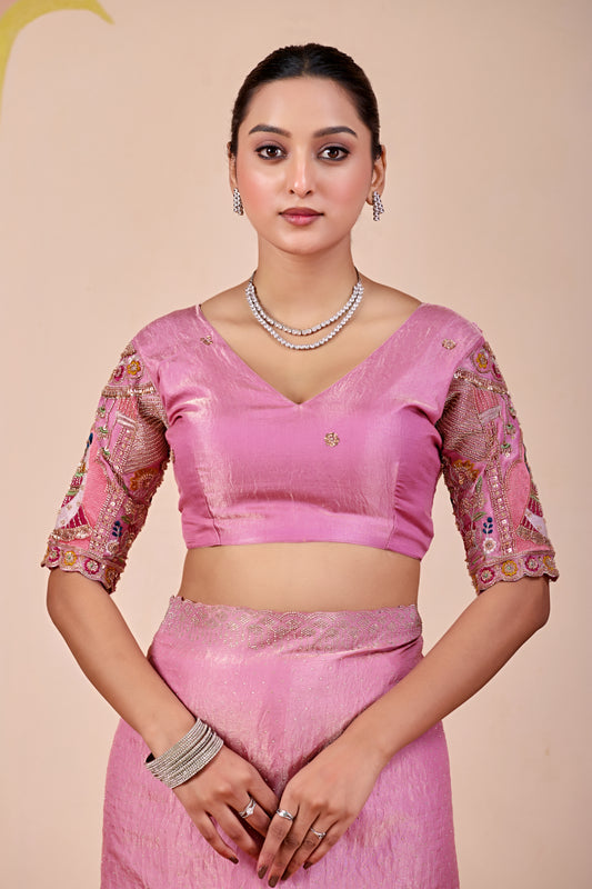 SUDHA Satin Embellished Embroidered Saree - Pink