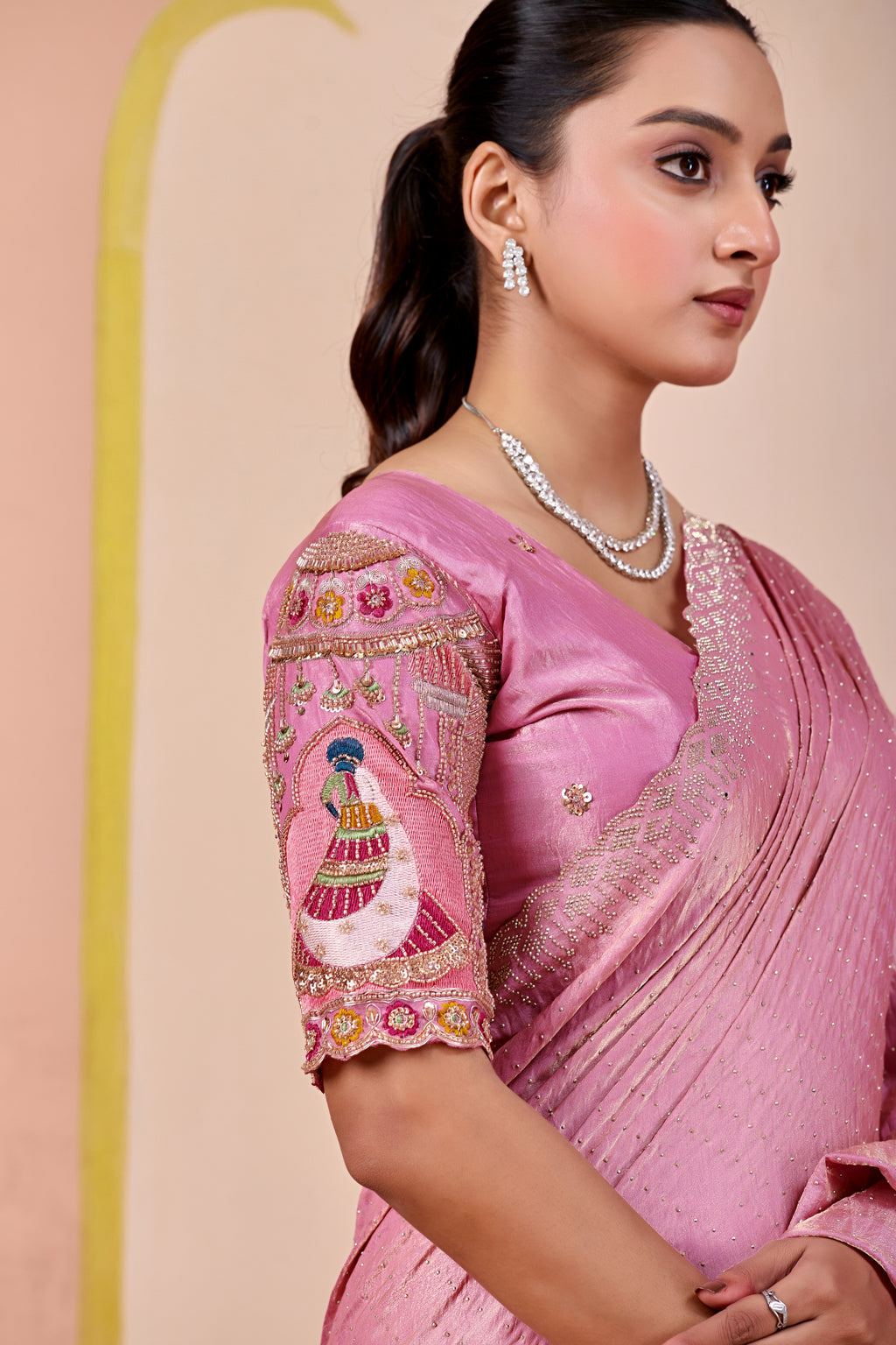 SUDHA Satin Embellished Embroidered Saree - Pink